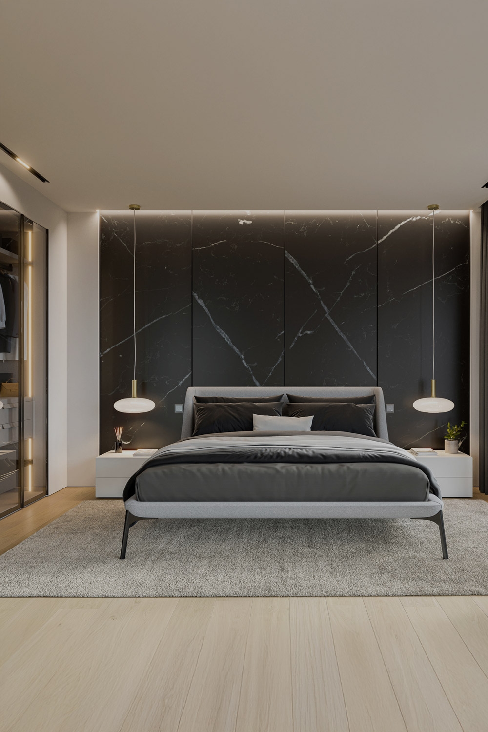 chambre-moderne-avec-lit-au-design-filigrane-table-de-chevet-sans-poignee-et-armoire-transparente