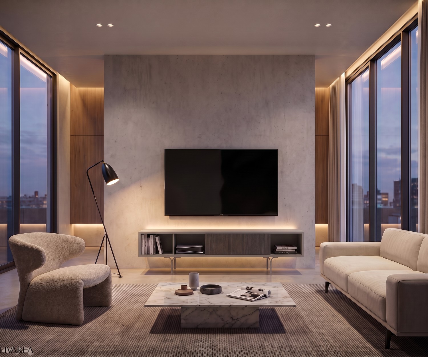 Meuble TV bas design al2 Mobius 005 Meuble TV bas al2 Mobius 005 dans un salon moderne, avec cadre gris, tiroir en eucalyptus et pieds fins en métal