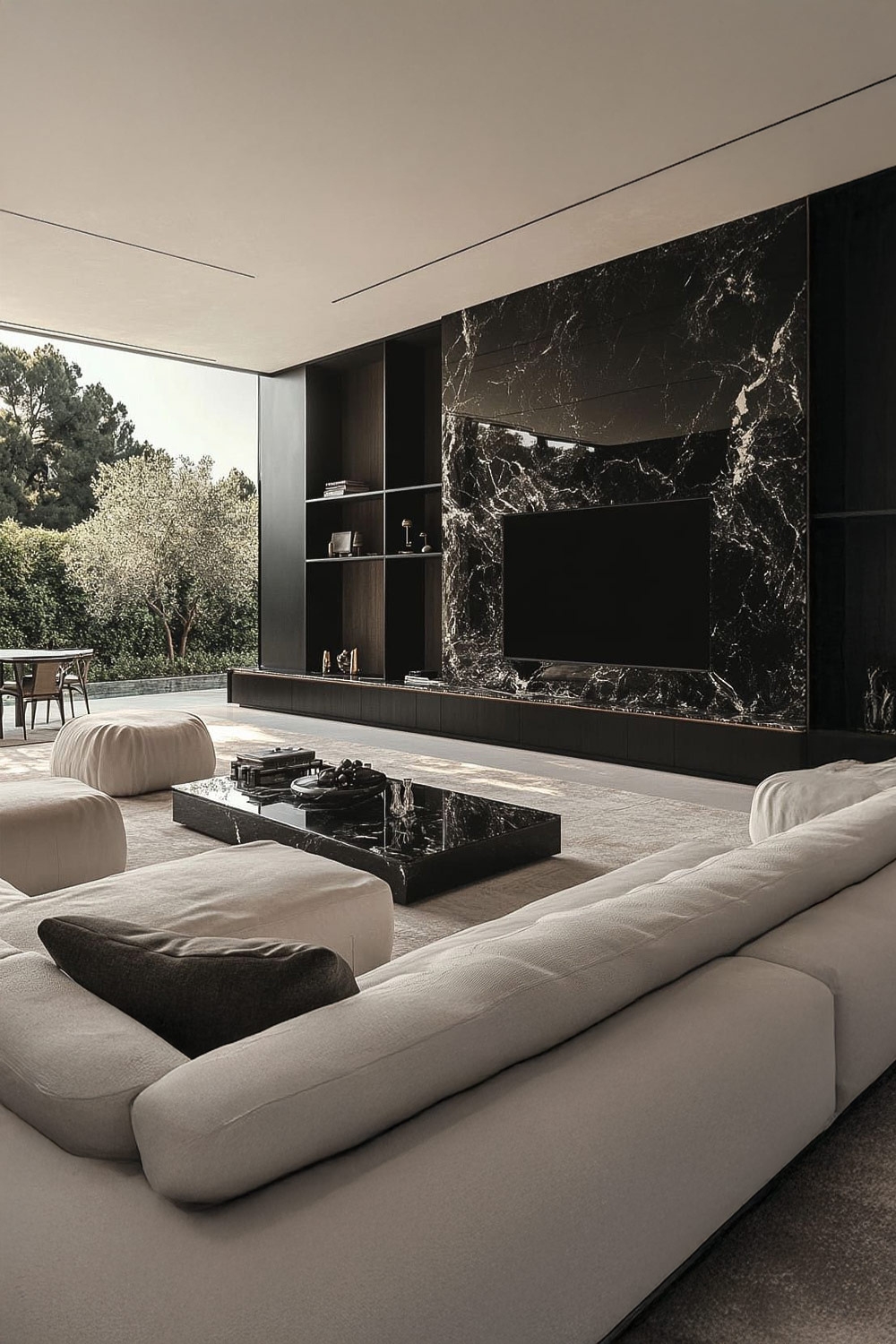 salon en noir et blanc avec des accents de marbre de haute qualit&eacute; pour une ambiance luxueuse