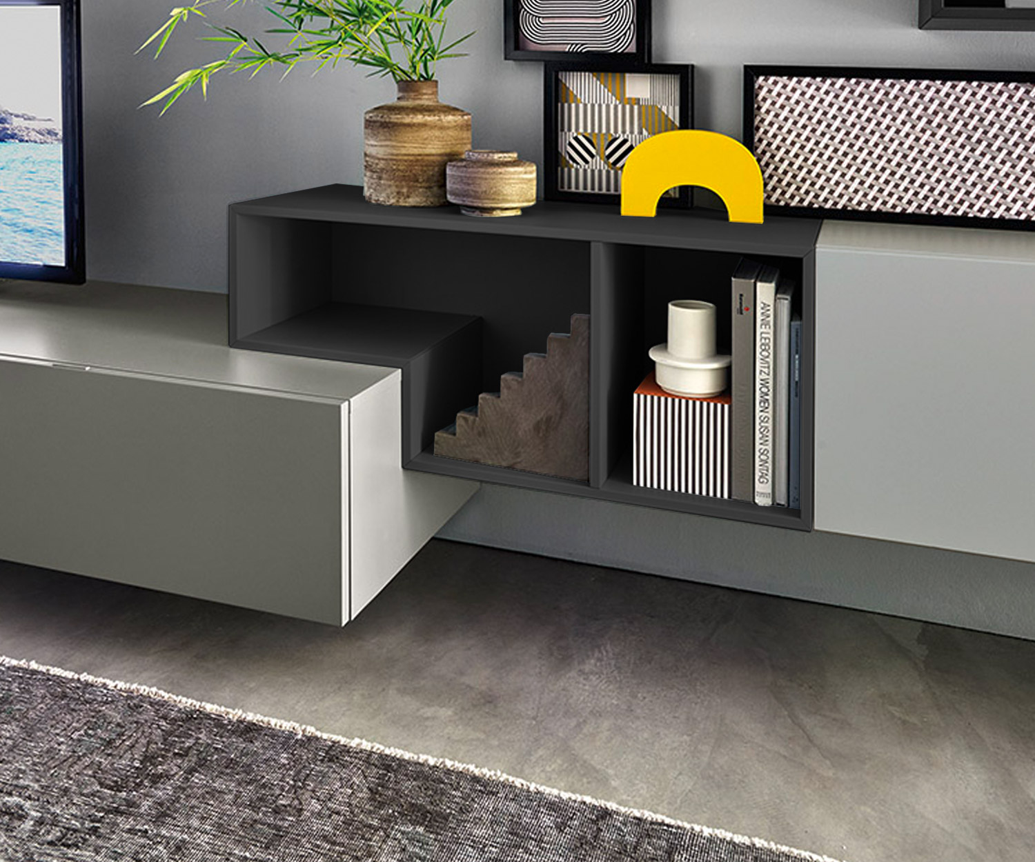 Le meuble-paroi moderne Tetris Design C19 avec éléments ouverts en détail Le meuble-paroi moderne Tetris Design C19 avec éléments ouverts en détail