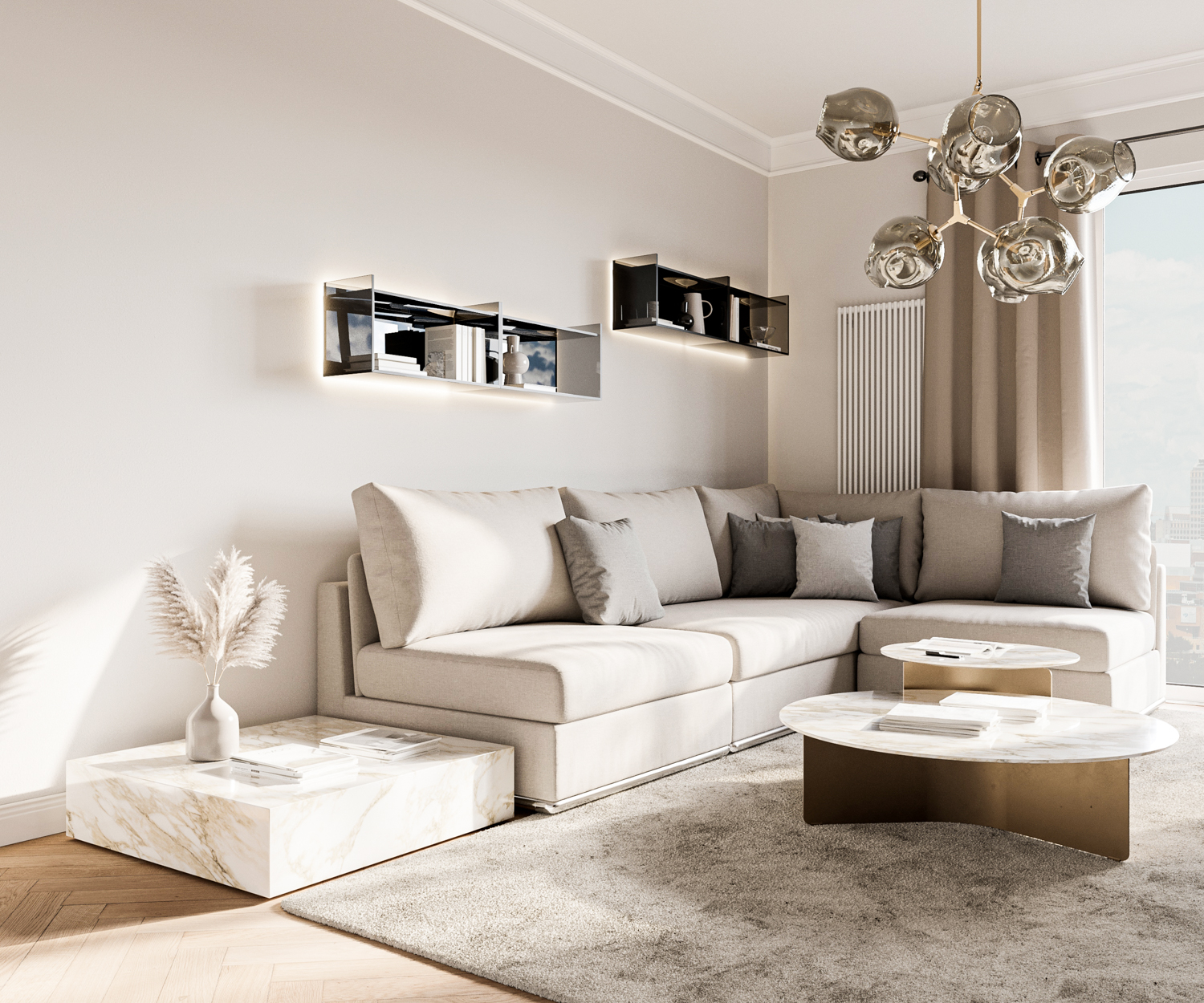 Exclusif Livitalia Étagère murale en verre design dans le salon au-dessus du canapé