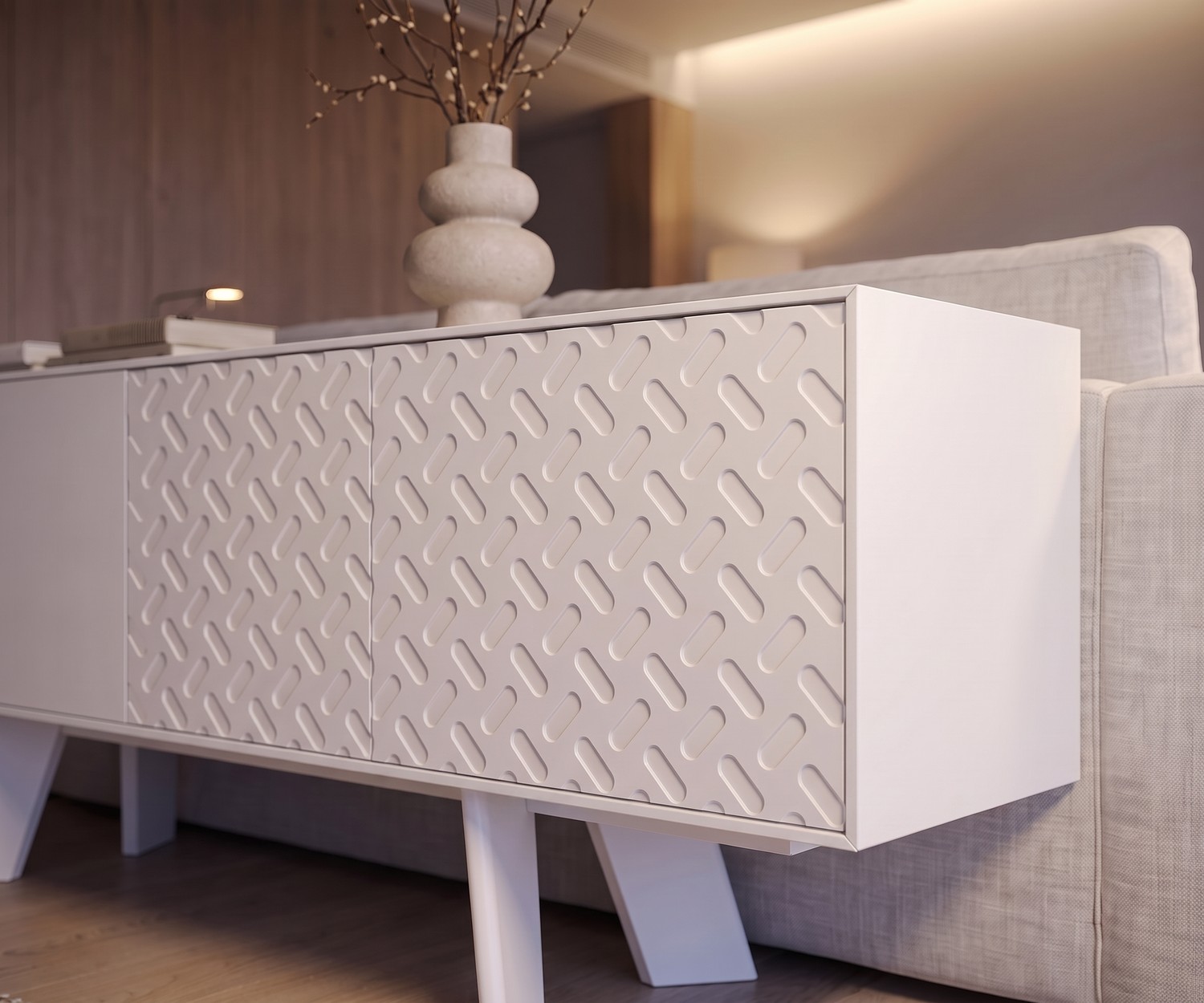 Buffet design al2 Alhambra 003 blanc Buffet design Alhambra 003 dans un salon moderne derrière le canapé, meuble blanc avec portes à motifs structurés.