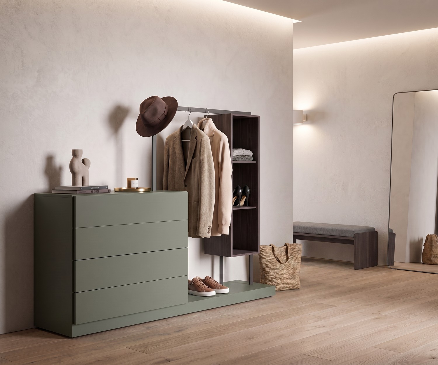 Commode avec penderie intégrée Easy 4 Novamobili Commode d'entrée avec penderie intégrée Easy 4, meuble vestiaire vert sauge design avec tiroirs et tringle à vêtements
