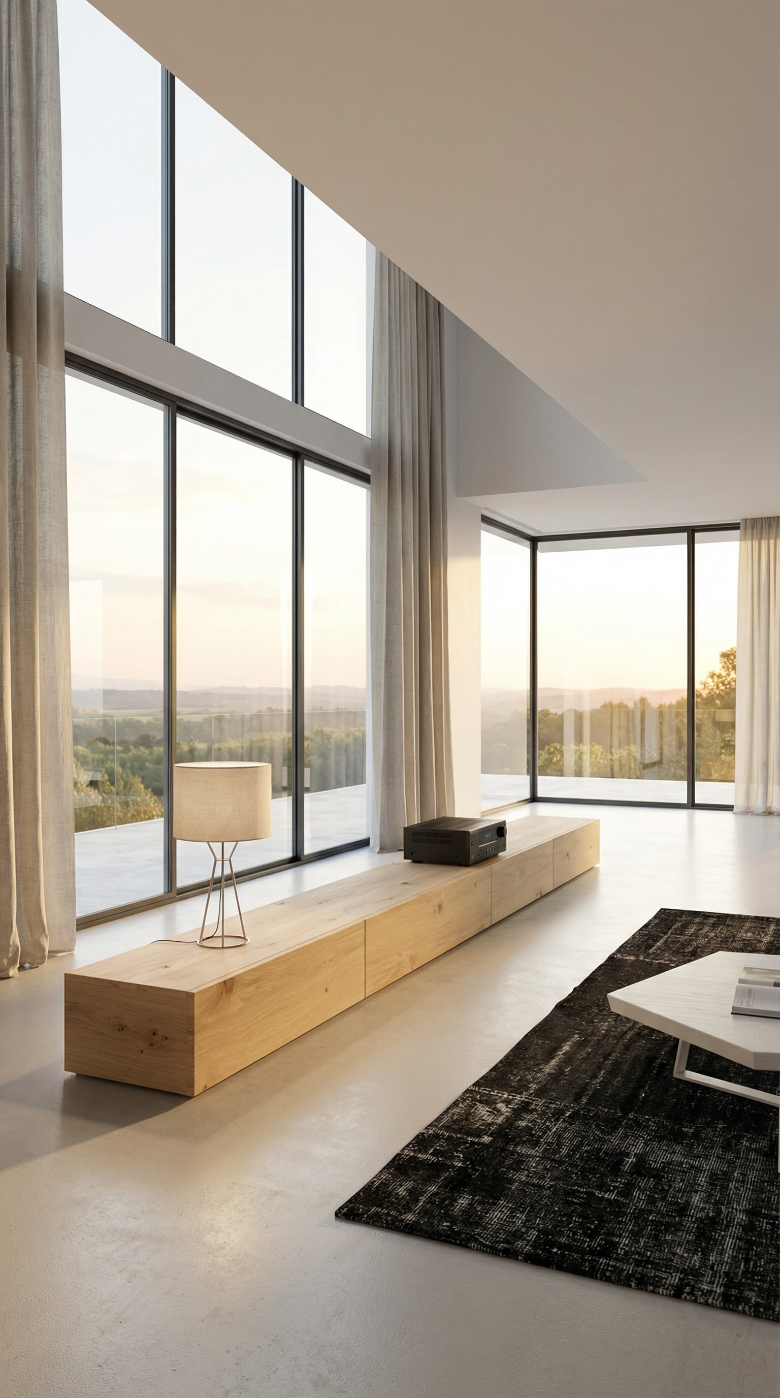 Un meuble TV bas en bois Livitalia extrêmement large et proche du sol en chêne clair le long d'une façade vitrée Un meuble TV bas en bois Livitalia extrêmement large et proche du sol en chêne clair le long d'une façade vitrée