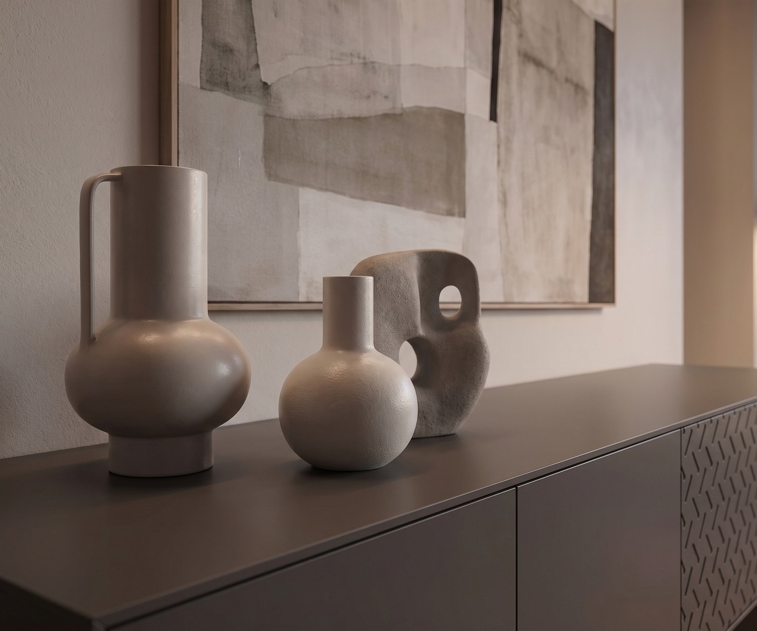 Buffet design moderne al2 Alhambra 003 Buffet design moderne al2 Alhambra 003 gris foncé pour le salon, décoré de vases en céramique minimalistes