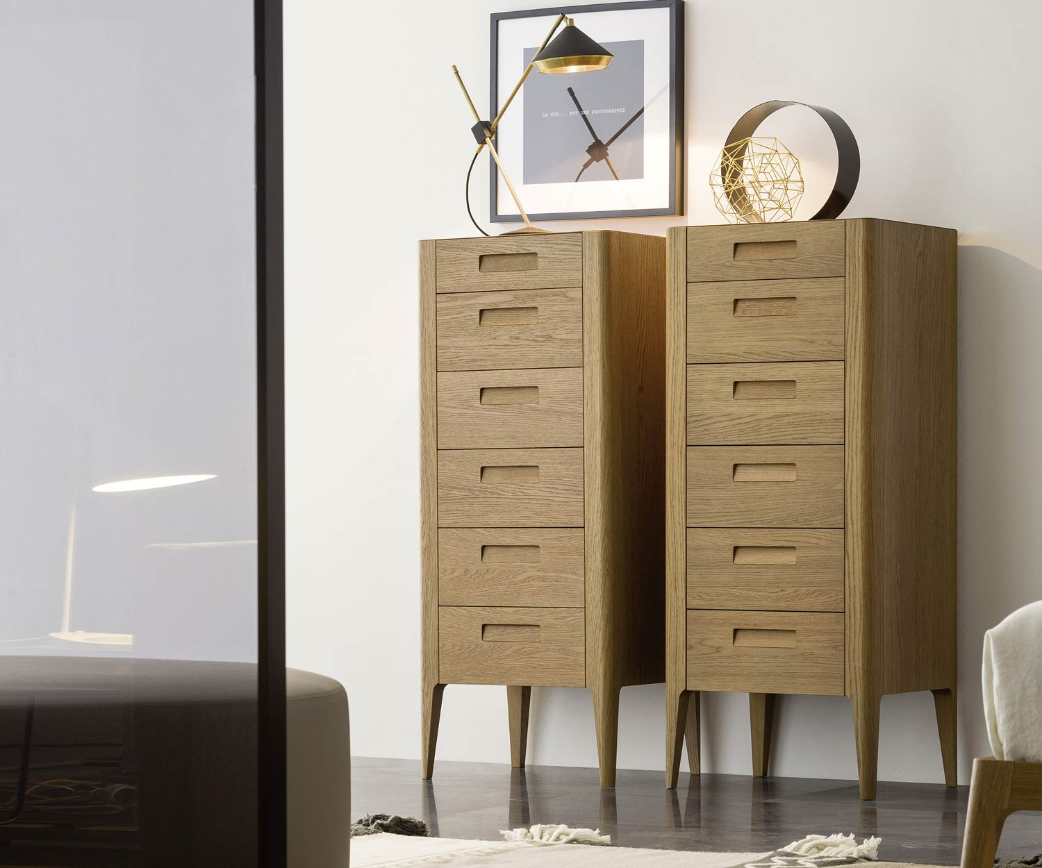 Novamobili Commode haute design Giotto 6 tiroirs Chêne clair Miel Détail