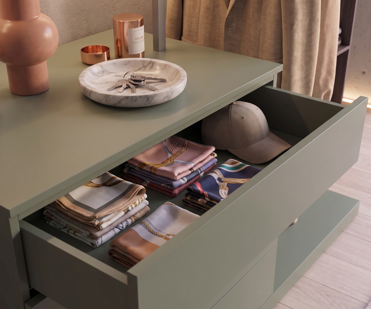 Commode d'entrée Easy 4 avec garde-robe Novamobili en vert, tiroir ouvert pour accessoires, style italien moderne.