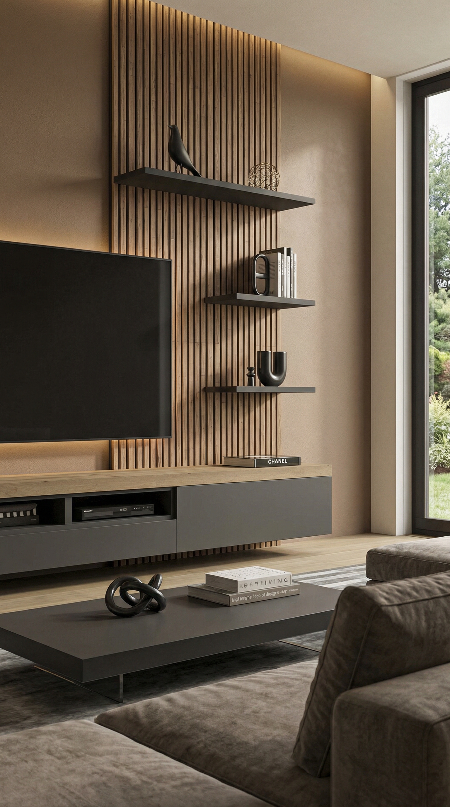 Meuble TV avec lamelles de bois devant un mur couleur Macchiato Tendance 2026