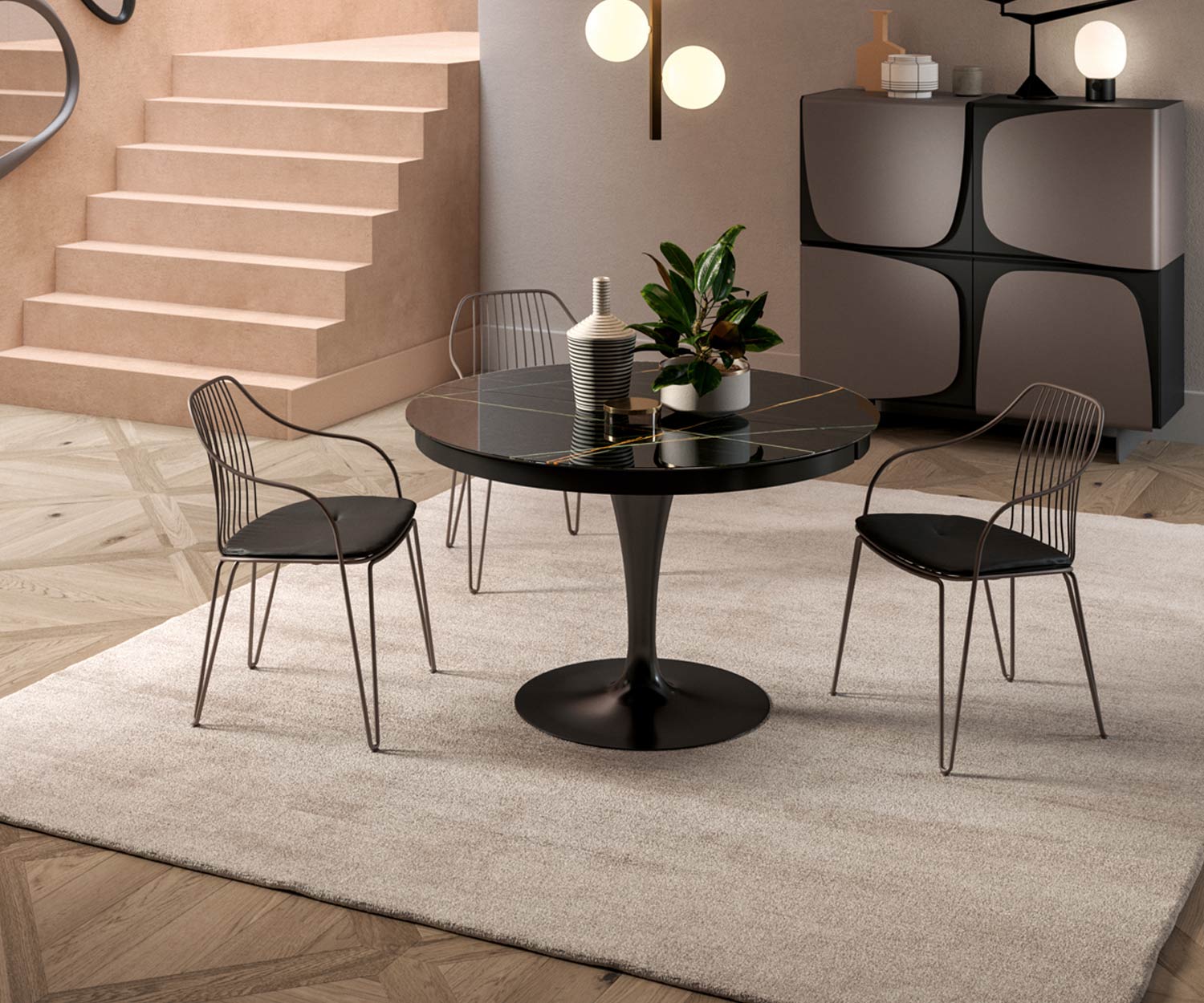 Ozzio Table Eclipse avec structure en métal massif laqué noir Black Pearl