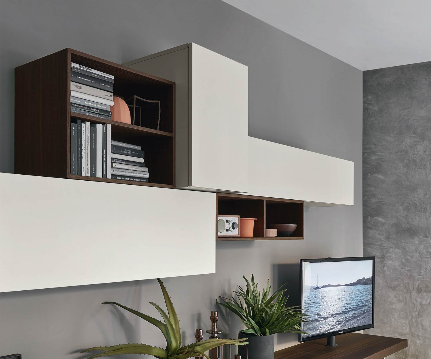 Livitalia Meuble-paroi design moderne C52 en détail les armoires suspendues gris clair