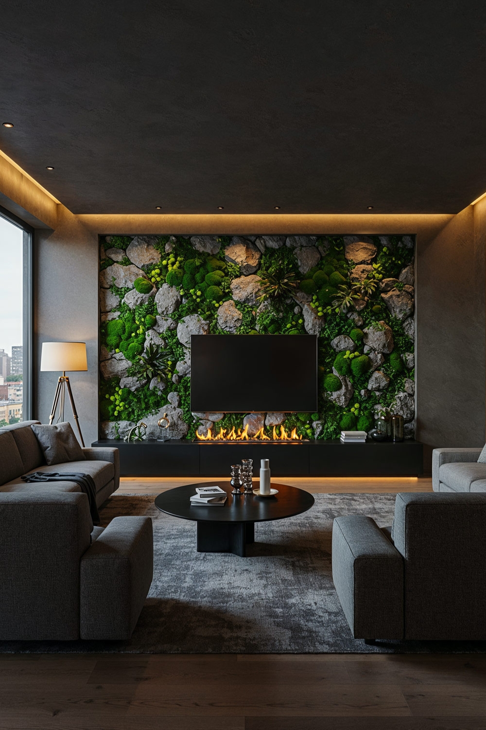 salon moderne en gris avec chemin&eacute;e &eacute;lectrique sous la t&eacute;l&eacute;vision