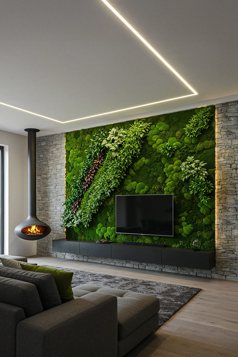 Salon avec chemin&eacute;e suspendue au plafond, mur de mousse avec meuble bas Box