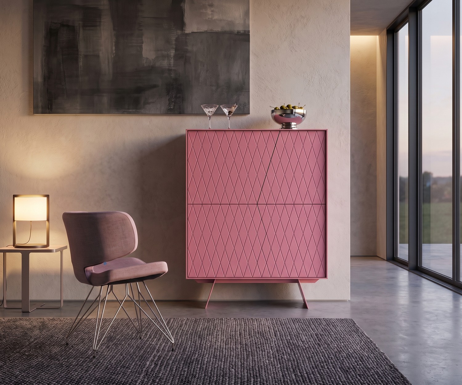 Buffet haut al2 e-klipse 009 rose à motif losanges dans un salon moderne à côté d'une chaise design.