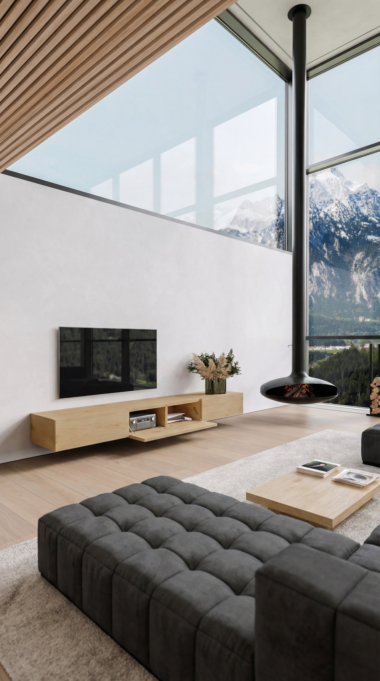 Meuble bas en bois chaleureux, monté en suspension devant un mur en enduit fin, entouré de pierre naturelle et de grandes fenêtres. Meuble bas en bois chaleureux, monté en suspension devant un mur en enduit fin, entouré de pierre naturelle et de grandes fenêtres.