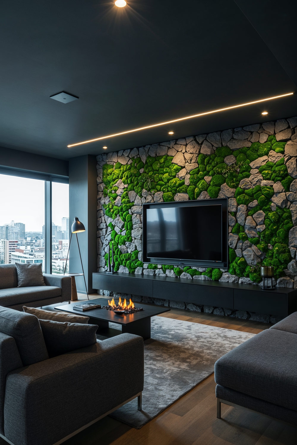 salon moderne aménagé en gris avec cheminée de table et détails d'aspect naturel