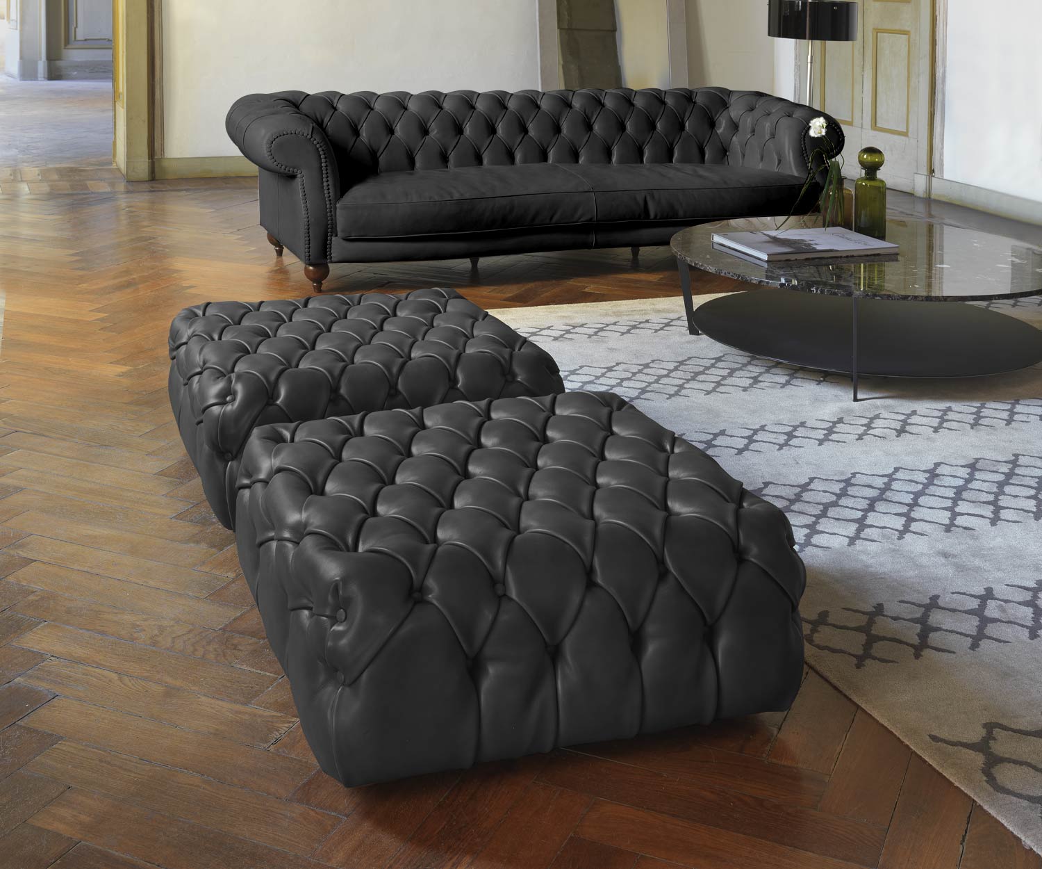 Exclusif Marelli Tabouret design Matisse en cuir crème blanc avec ensemble de canapés