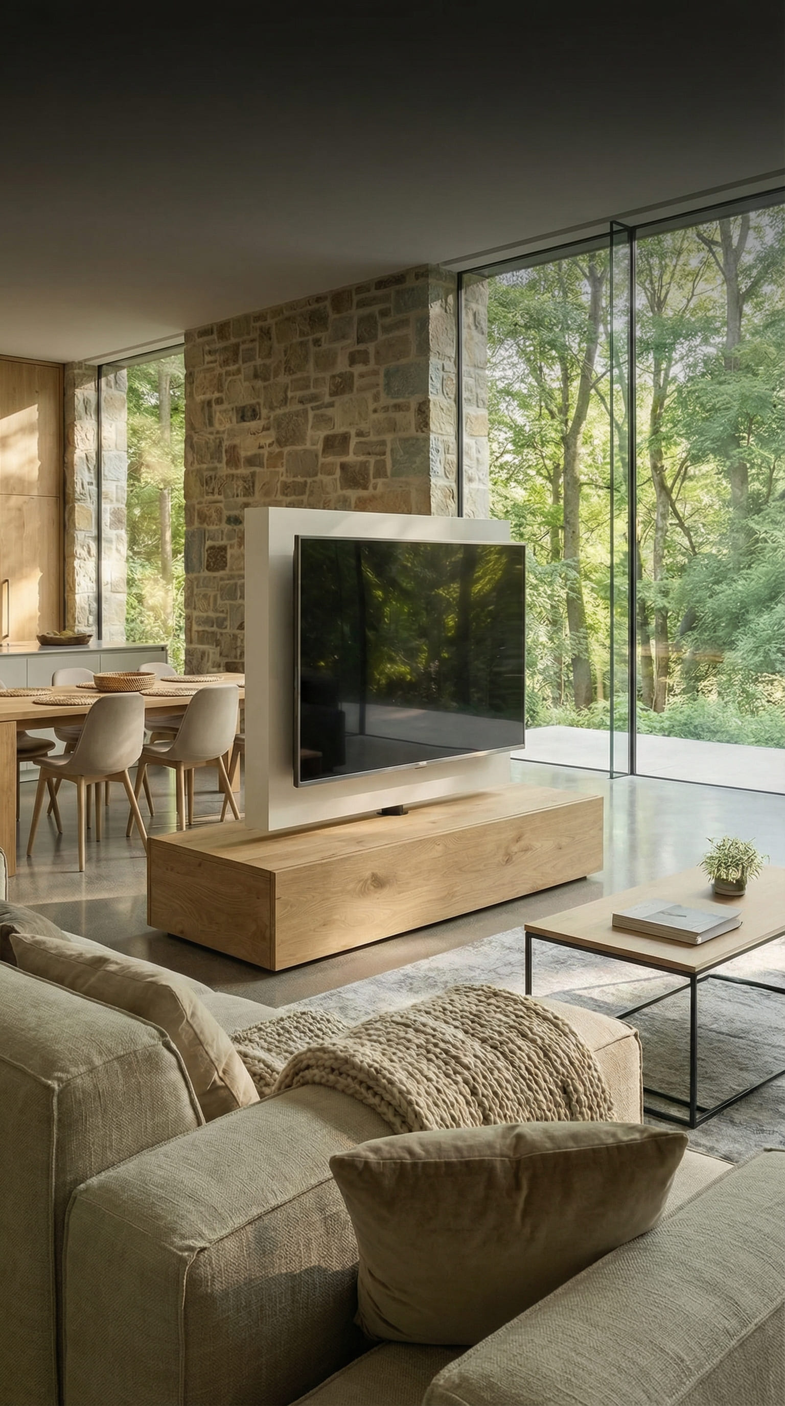 S&eacute;parateur de pi&egrave;ce TV Roto autoportant rotatif dans un loft ouvert avec vue sur la verdure