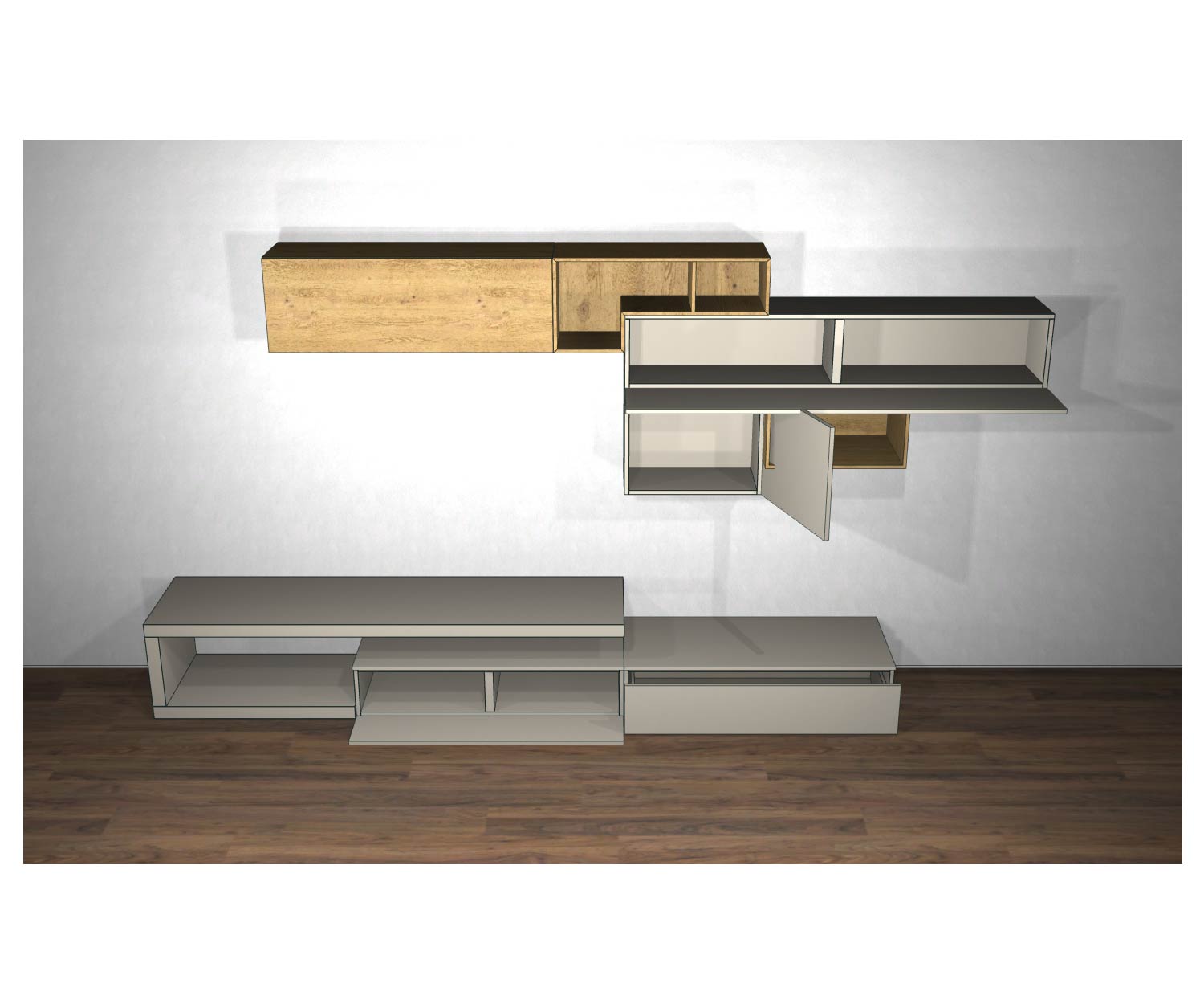 Livitalia Meuble-paroi design C22 Esquisse avec portes et éléments ouverts Livitalia Meuble-paroi design C22 Esquisse avec portes et éléments ouverts