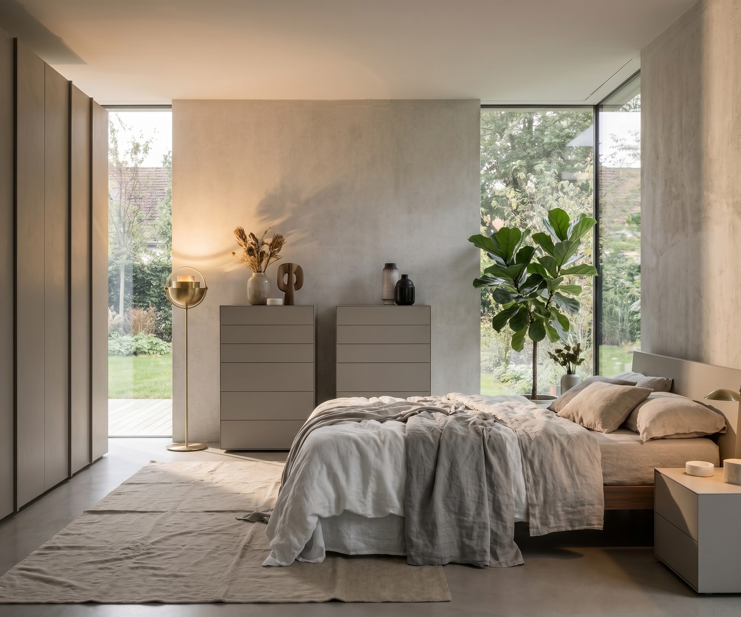 Chiffonnier design minimaliste Livitalia Ecletto Commode haute Livitalia Ecletto pour chambre en gris clair, chiffonnier design minimaliste à tiroirs sans poignée.