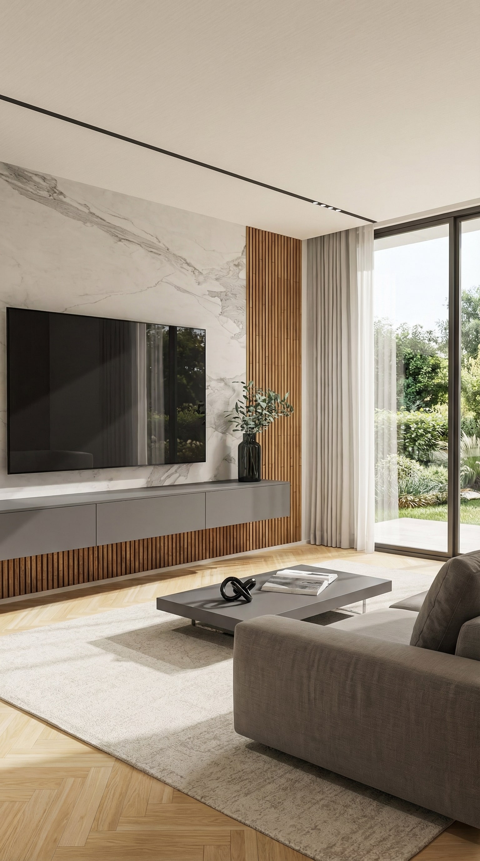 Meuble TV Livitalia C103 avec lattes de bois verticales et panneau arri&egrave;re en aspect marbre &eacute;l&eacute;gant