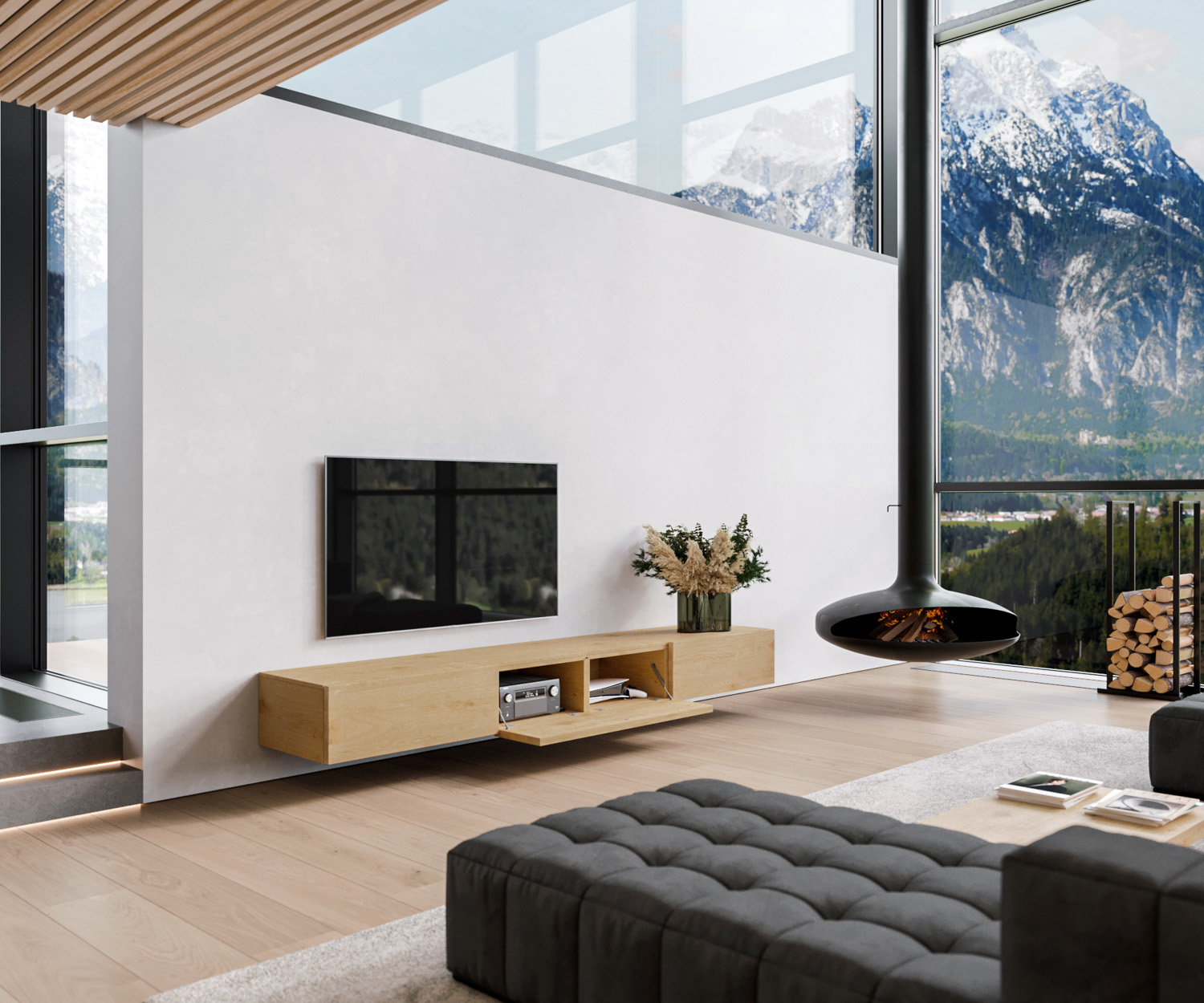 Design bois TV Lowboard suspendu configurateur chêne naturel clair Design bois TV Lowboard suspendu configurateur chêne naturel clair