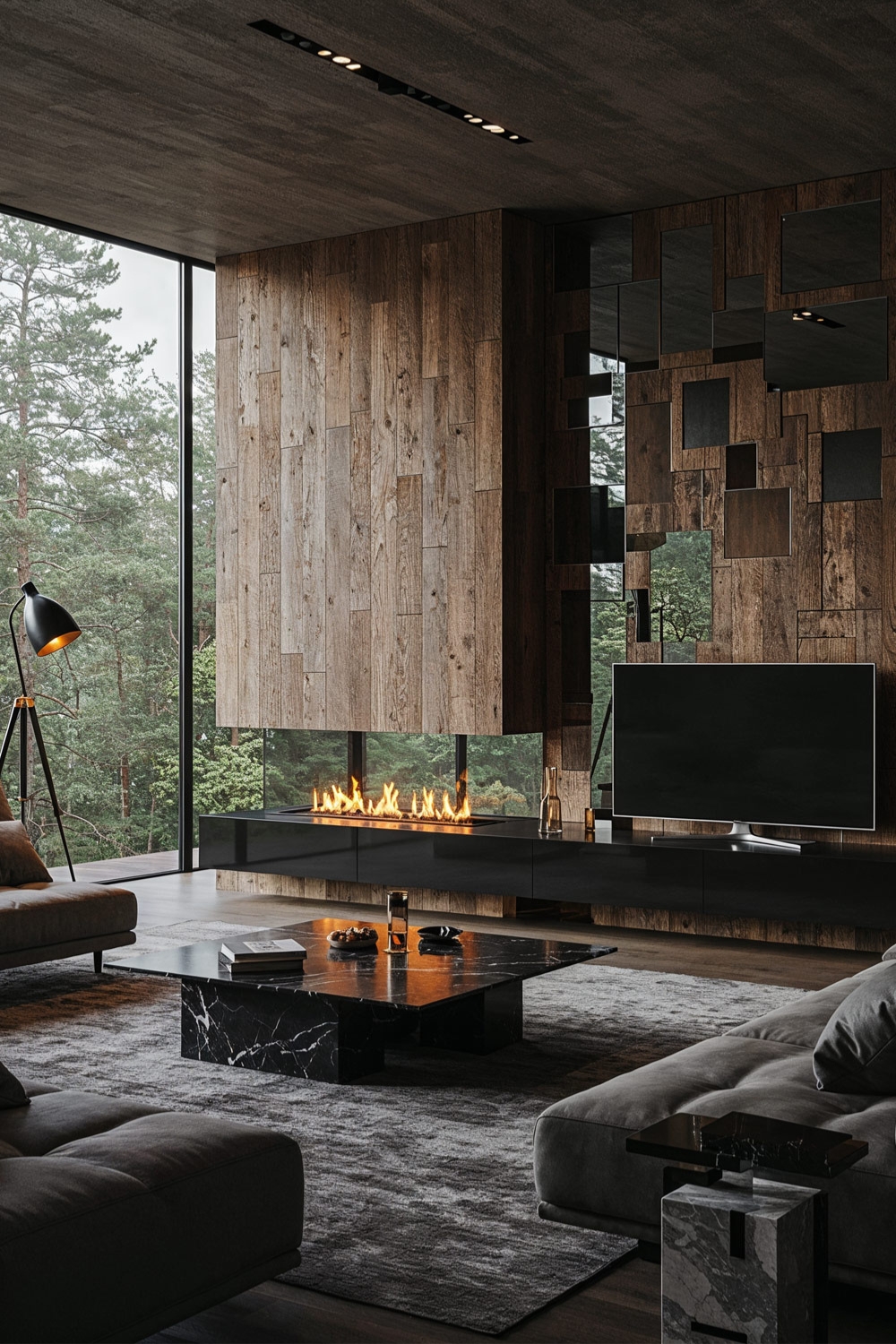 meubles de salon modernes avec surfaces sombres et couleur bois, ainsi qu'une cheminée électrique flamboyante