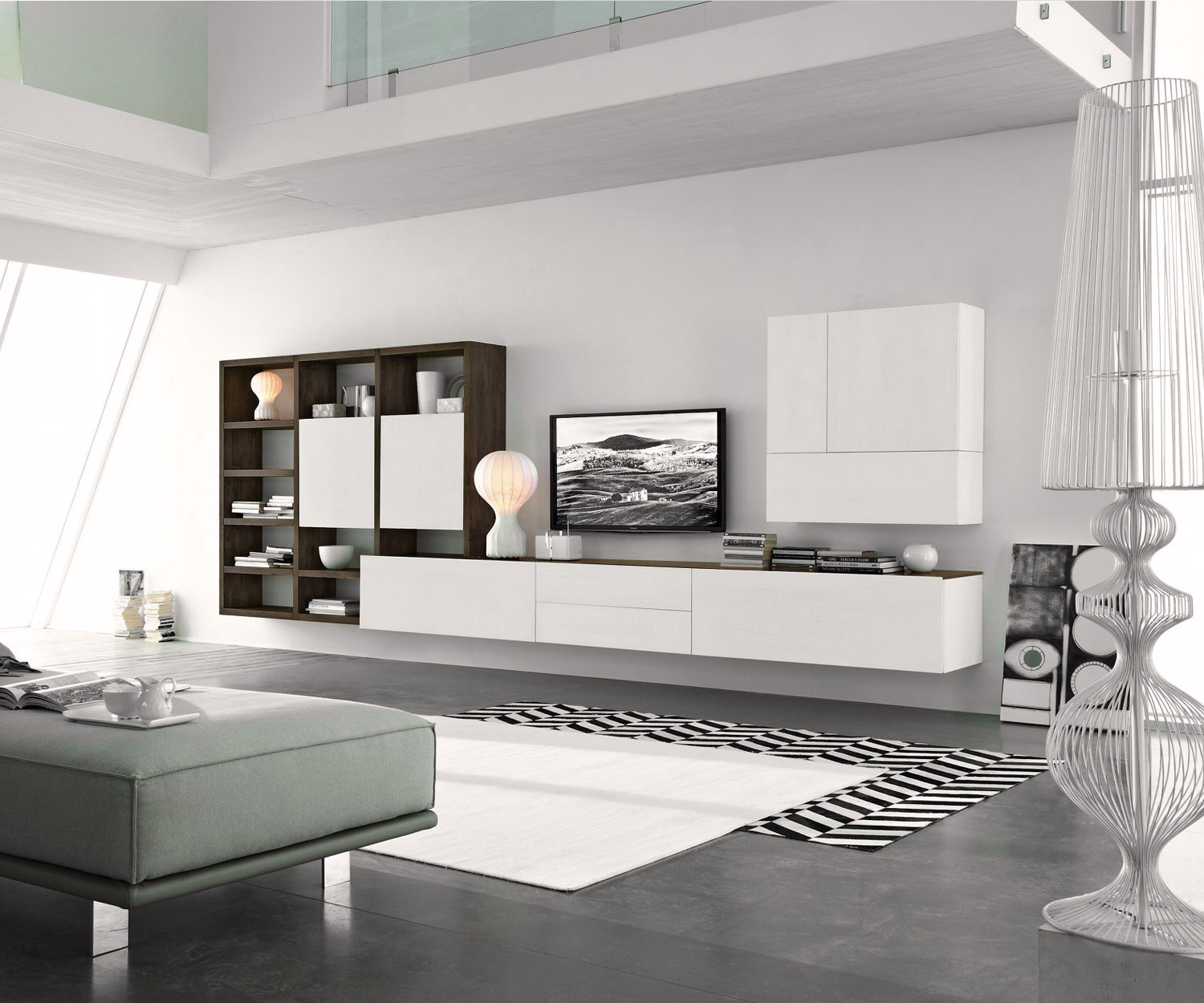 Exclusif Livitalia Meuble-paroi design C96B en blanc mat chêne brun Exclusif Livitalia Meuble-paroi design C96B en blanc mat chêne brun