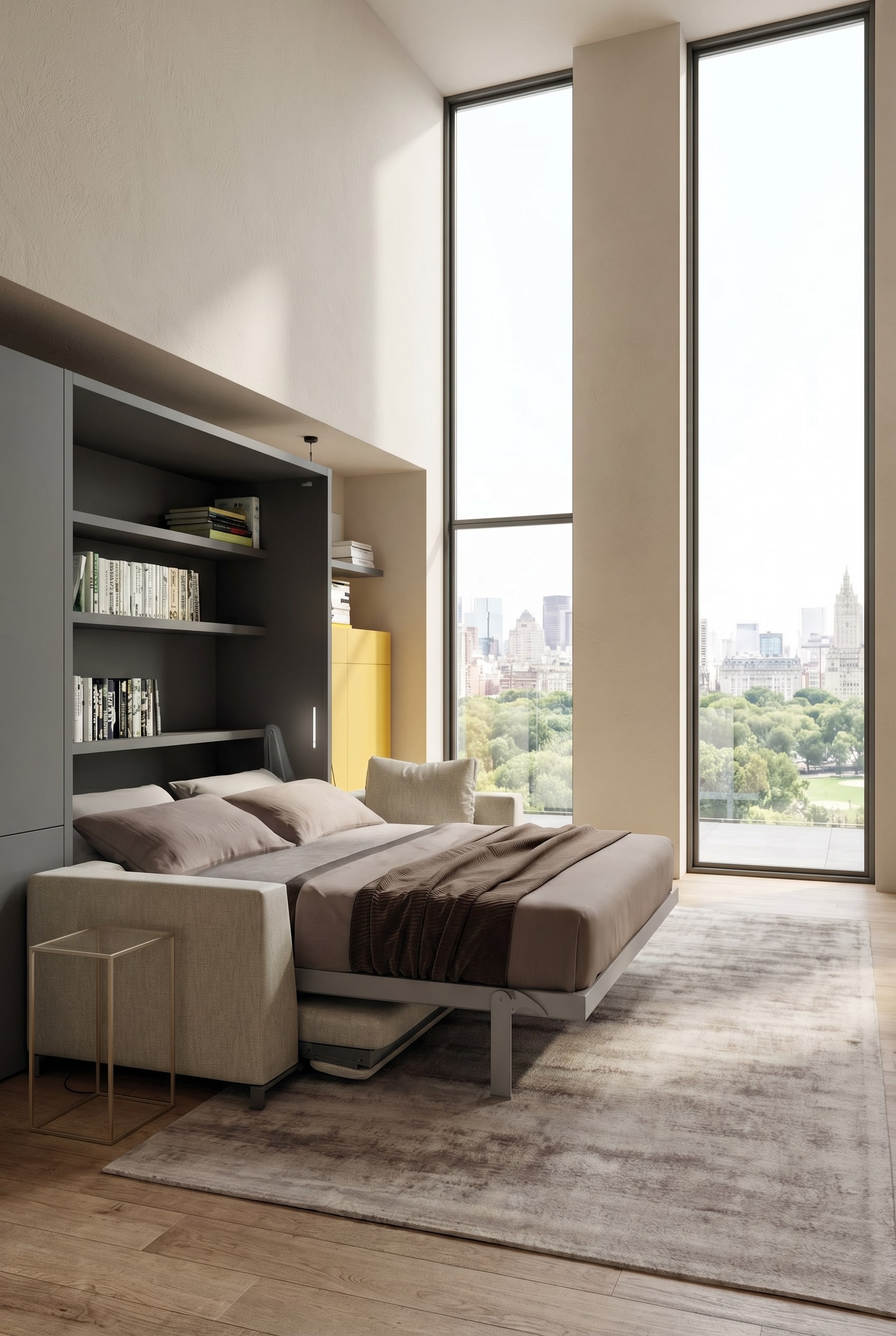 Un salon moderne de style Modern Italian Luxury avec un lit escamotable déplié et un canapé intégré dans des tons clairs. Un salon moderne de style Modern Italian Luxury avec un lit escamotable déplié et un canapé intégré dans des tons clairs.