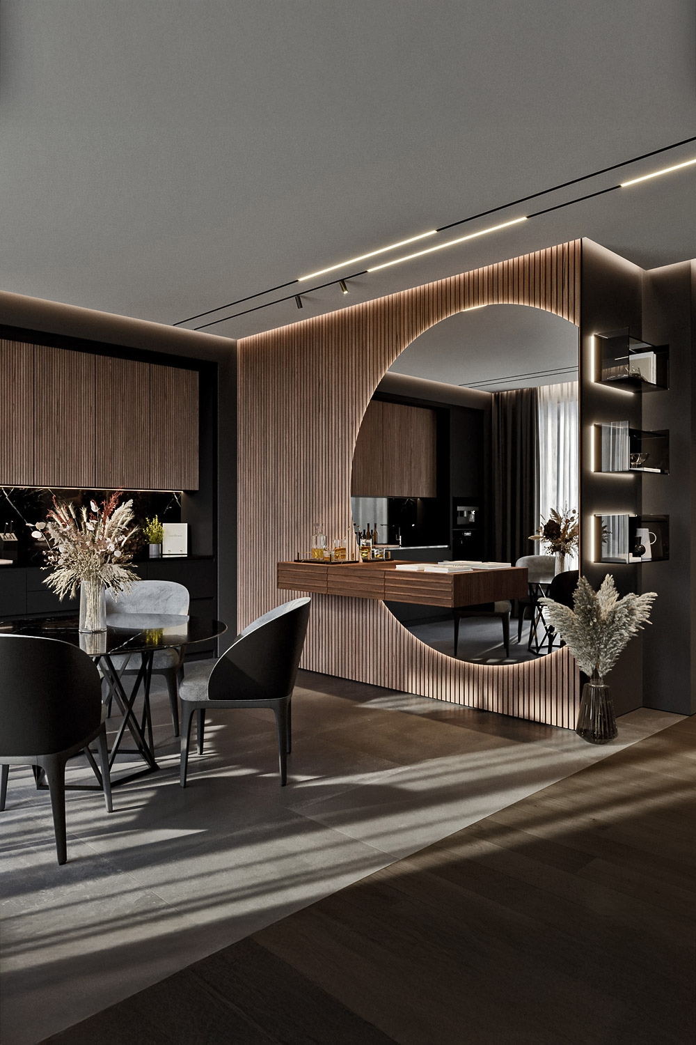 salle à manger moderne avec table à manger, chaises de salle à manger, commode et étagère murale en différents matériaux
