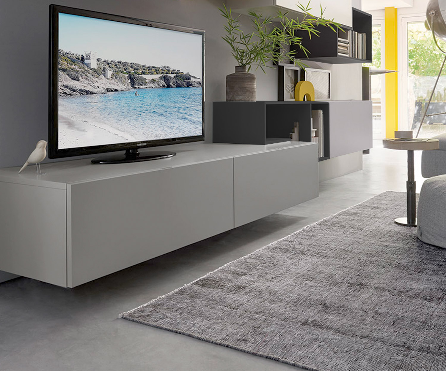Tétris Design Meuble-paroi C19 avec TV Design Lowboard en laque grise mate Tétris Design Meuble-paroi C19 avec TV Design Lowboard en laque grise mate