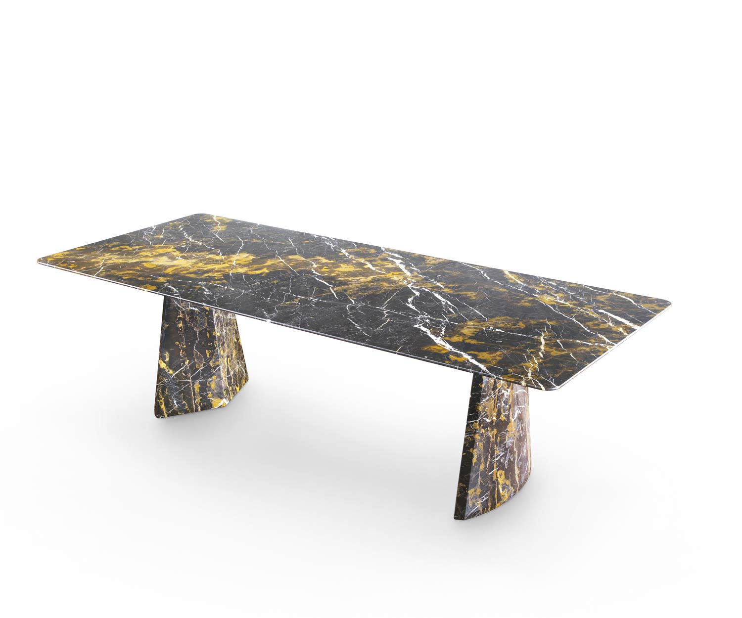 Luxueuse Marelli Table de salle à manger en marbre Hebo Gold et Black avec deux pieds Luxueuse Marelli Table de salle à manger en marbre Hebo Gold et Black avec deux pieds