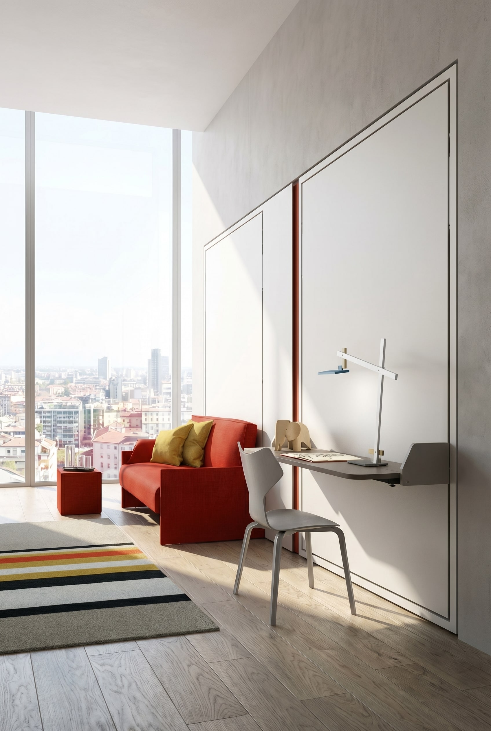 Un bureau à domicile rangé dans un style luxueux avec un lit simple escamotable et peu encombrant, relevé contre le mur. Un bureau à domicile rangé dans un style luxueux avec un lit simple escamotable et peu encombrant, relevé contre le mur.