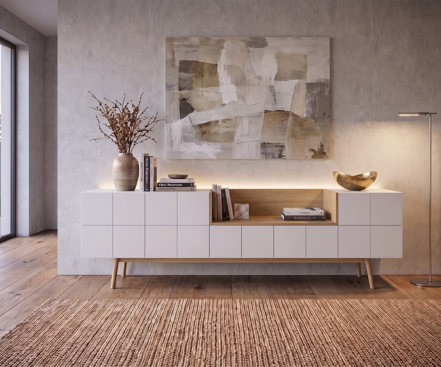 Buffet design al2 MOS-I-KO 003 A en blanc mat et bois Buffet design al2 MOS-I-KO 003 A de salon en blanc mat et bois, style rétro moderne avec niche ouverte et déco.