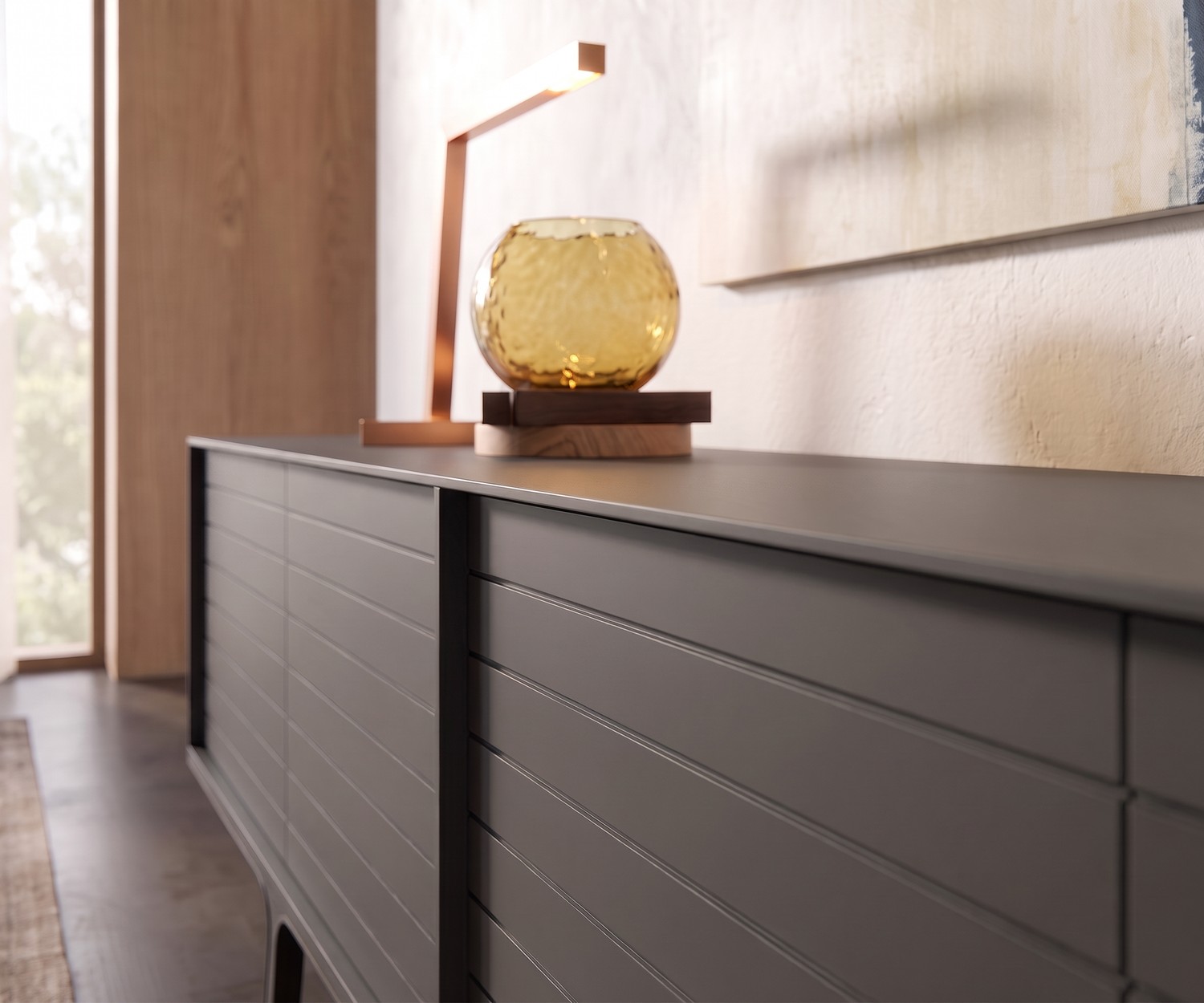 Buffet design gris foncé al2 Mobius 002 Buffet de salon al2 Mobius 002 gris foncé mat avec pieds en bois, style moderne minimaliste avec tableau abstrait.