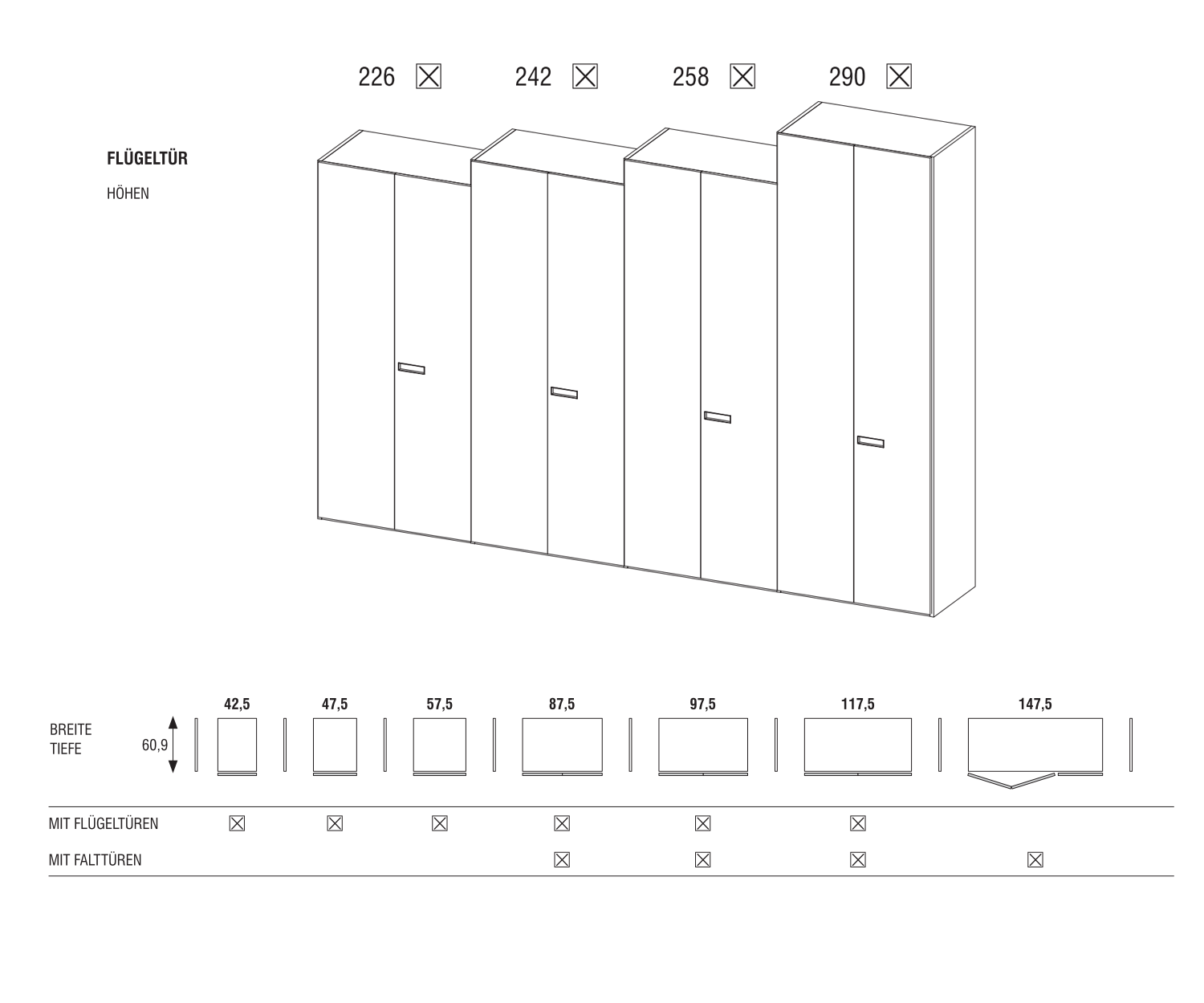 Novamobili Afla YNCA modules portes largeurs hauteurs