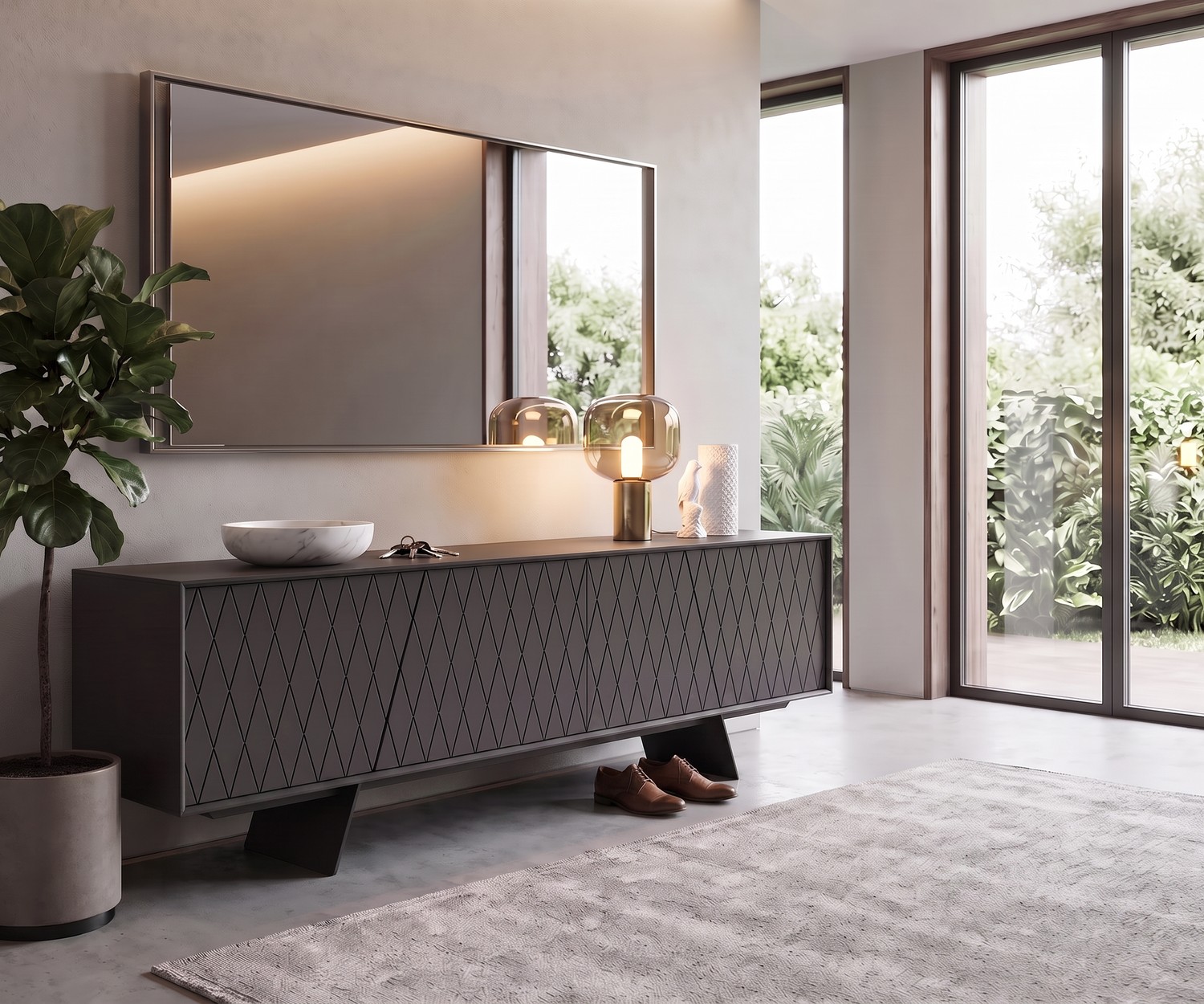 Buffet design al2 e-klipse 003 avec motif de losanges Buffet design al2 e-klipse 003 comme meuble d'entrée gris foncé à motif losanges dans un hall d'entrée chic et moderne.