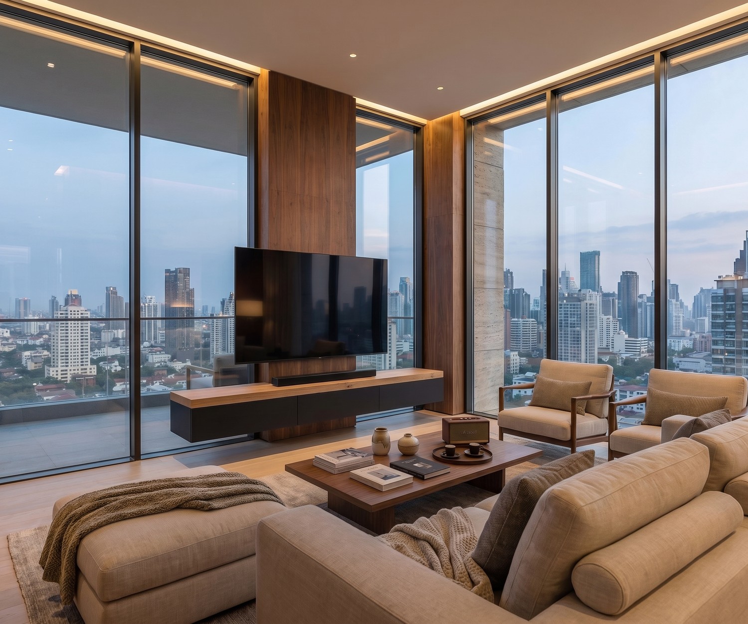 Meuble TV suspendu Livitalia avec plateau épais Meuble TV suspendu dans le salon : meuble bas Livitalia avec plateau supérieur épais en bois, style moderne élégant.