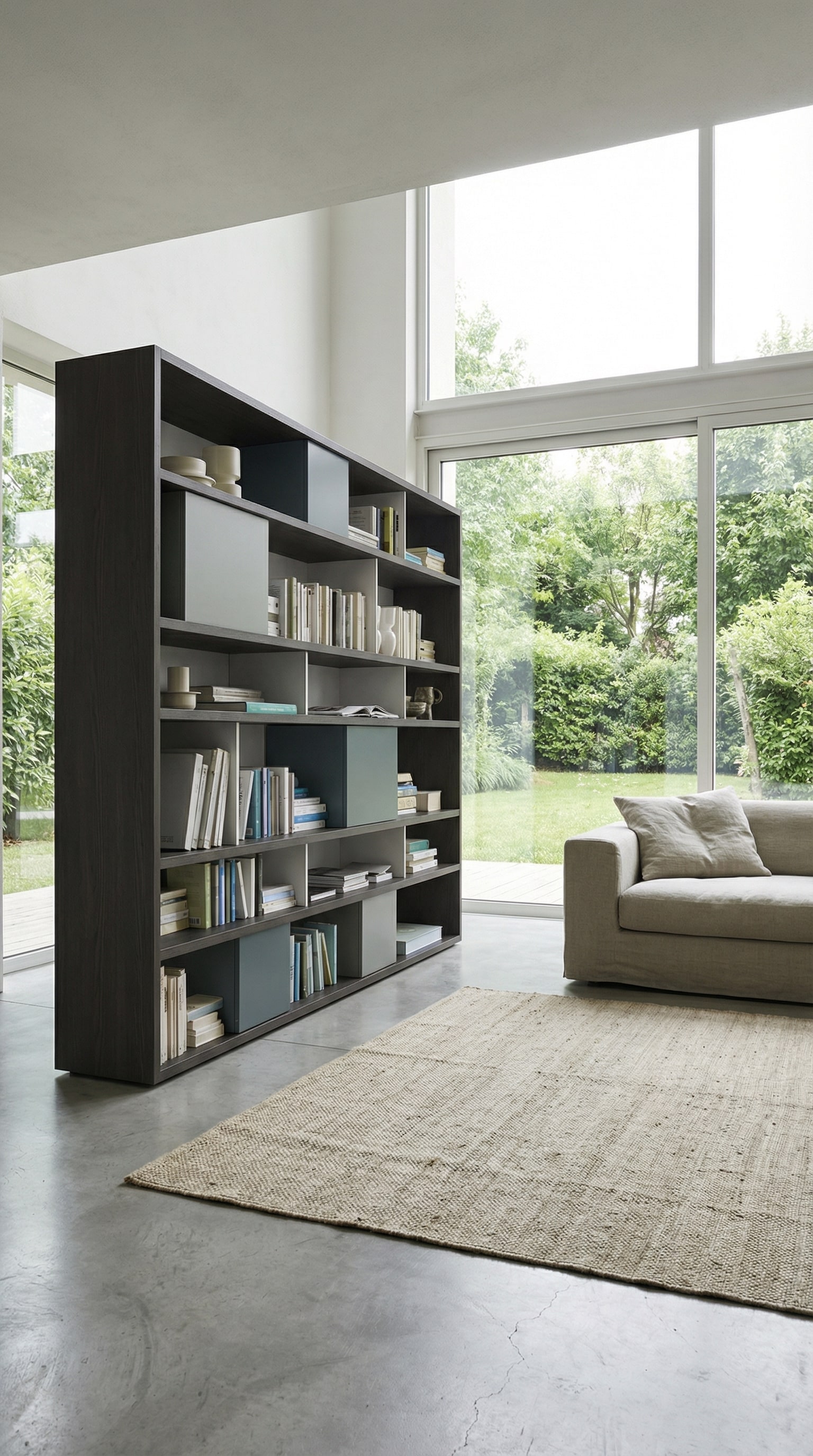 &Eacute;tag&egrave;re &agrave; livres en bois filigrane dans un salon moderne avec de grandes fen&ecirc;tres