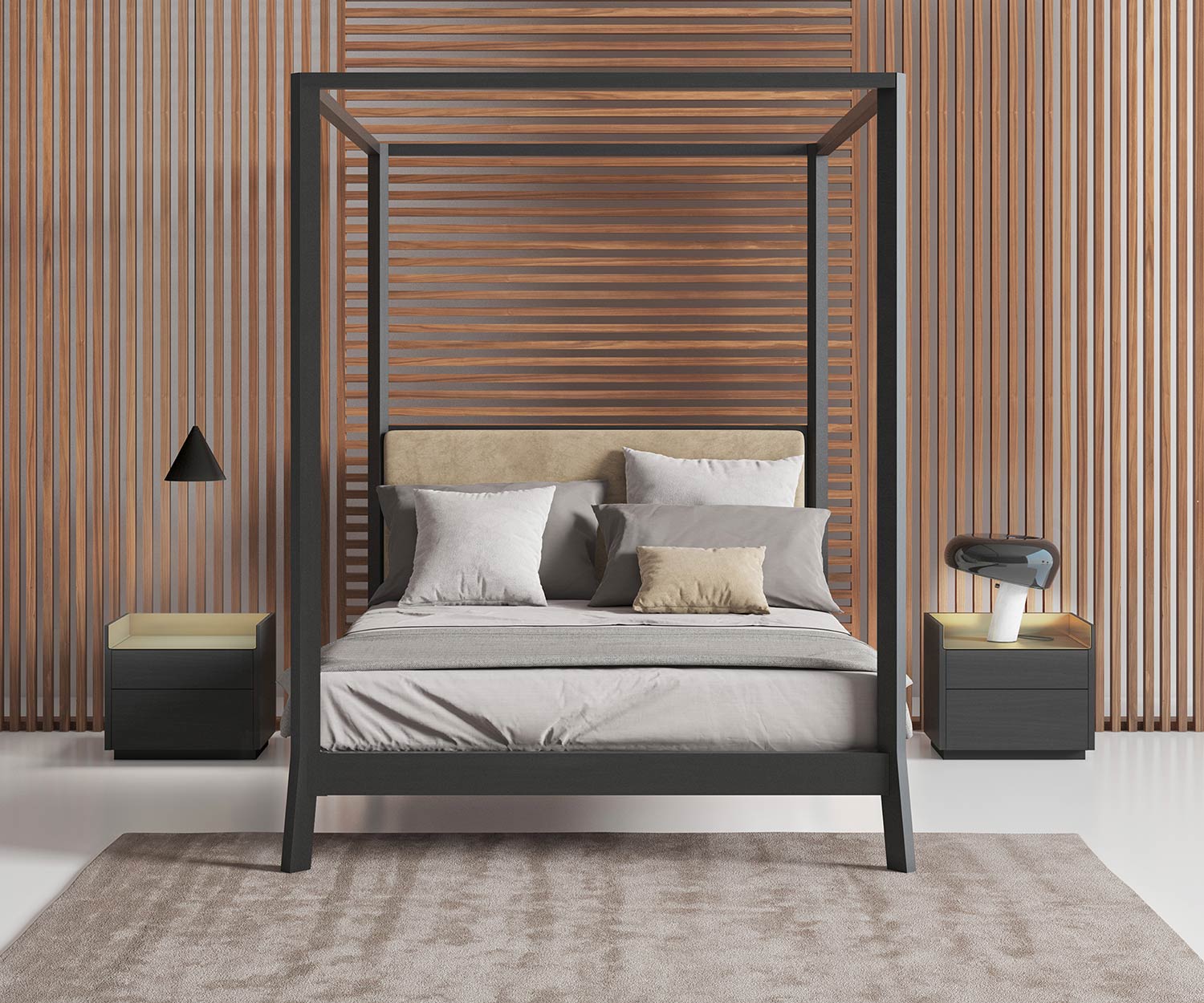Table de chevet design exclusive avec lampe de chevet plaquée à côté du lit dans la chambre à coucher Table de chevet design exclusive avec lampe de chevet plaquée à côté du lit dans la chambre à coucher