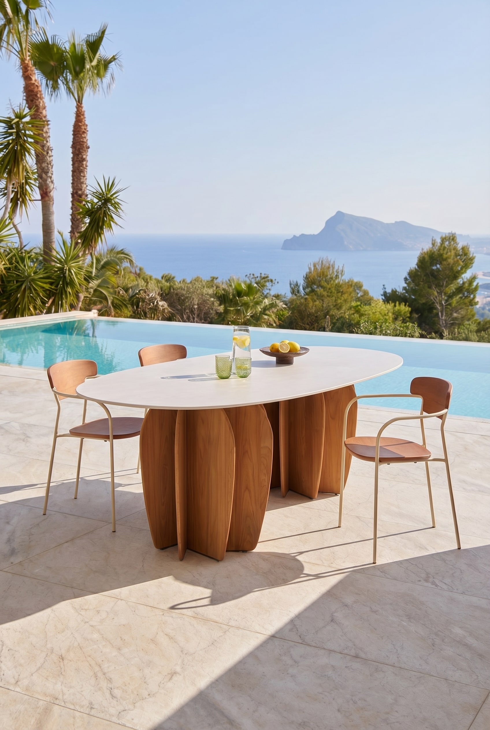 Grande table &agrave; manger d'ext&eacute;rieur avec pieds sculpturaux en bois sur une terrasse ensoleill&eacute;e