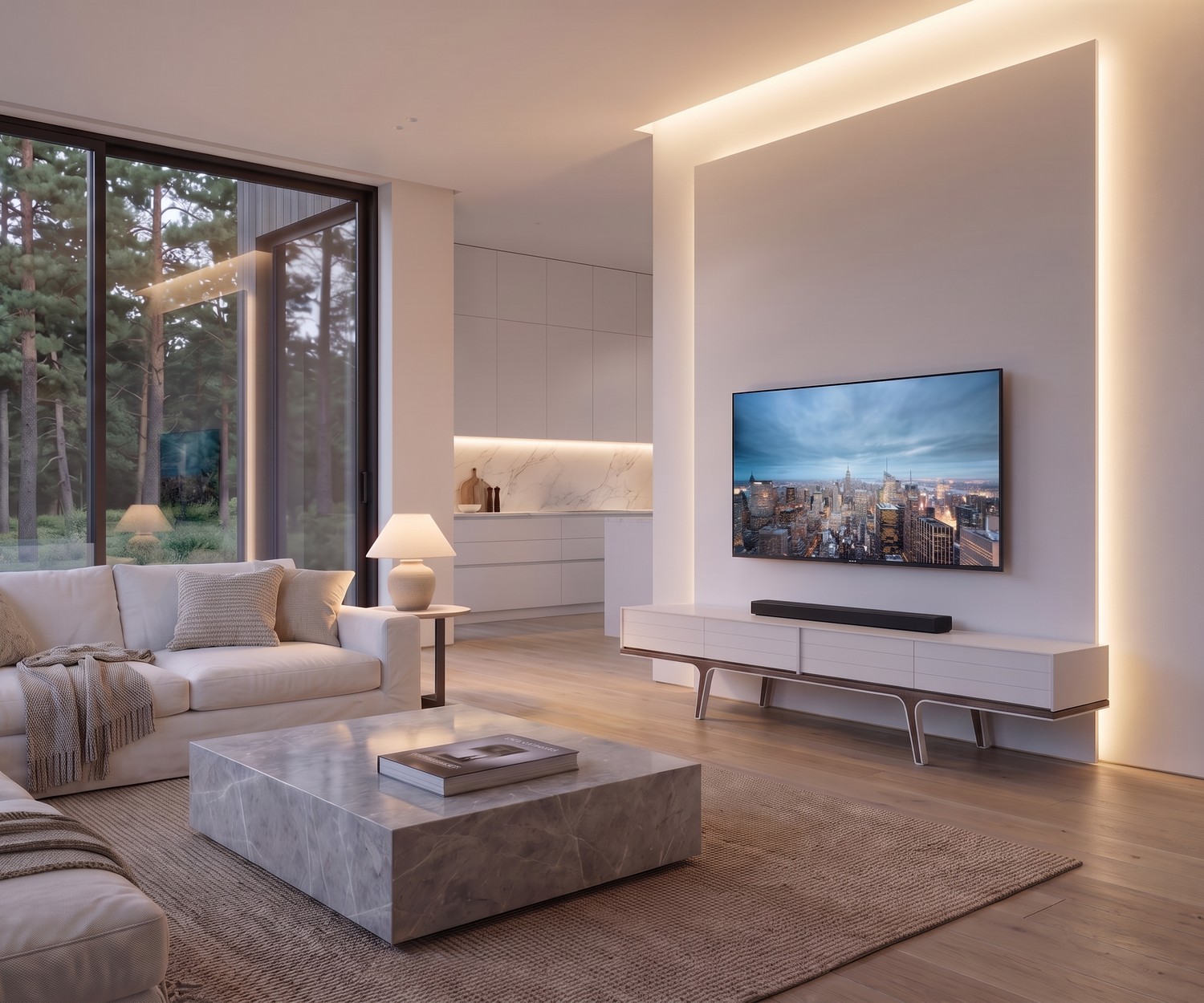 Meuble TV bas design al2 Mobius 004 blanc Meuble TV bas al2 Mobius 004 blanc dans un salon moderne, idéal pour ranger sous la télévision.