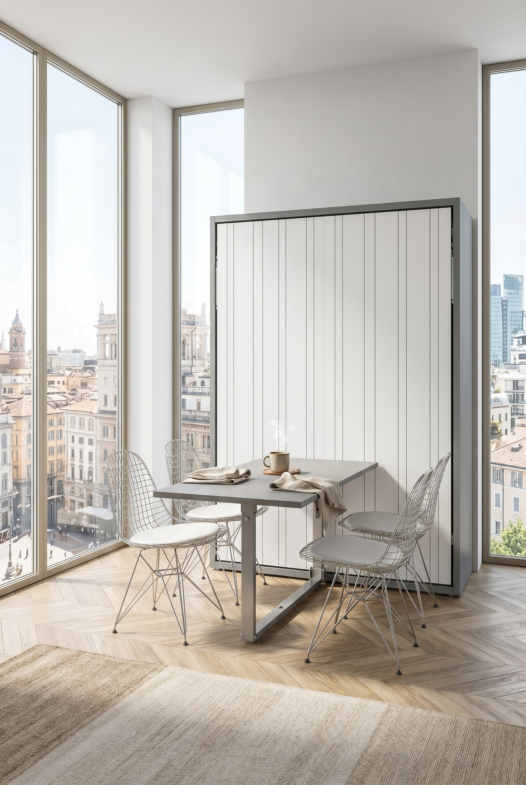 Une salle à manger élégante avec une grande table à manger intelligemment intégrée dans la façade d'un lit mural fermé. Une salle à manger élégante avec une grande table à manger intelligemment intégrée dans la façade d'un lit mural fermé.