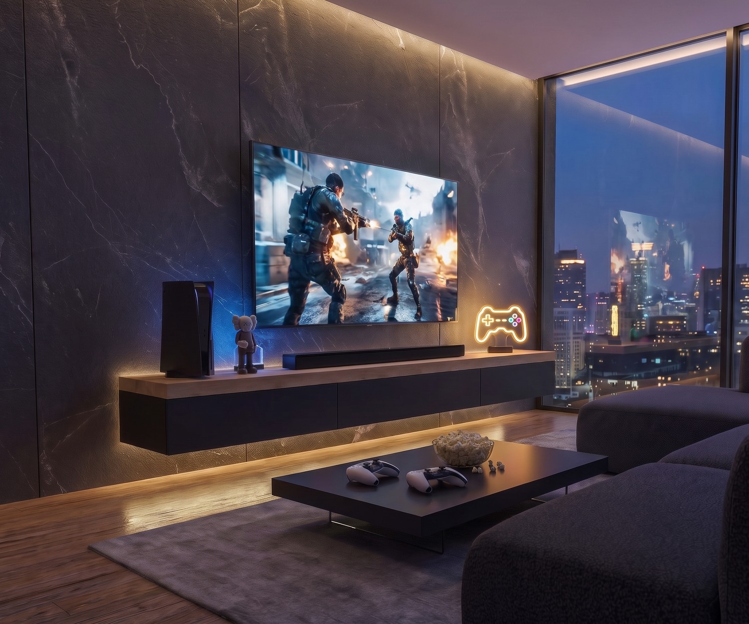 Meuble TV suspendu dans le salon : meuble bas Livitalia avec plateau supérieur épais en bois, style moderne élégant.