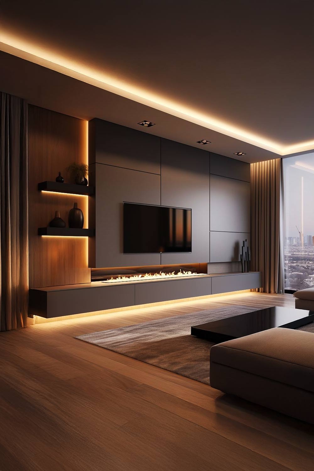 meuble TV minimaliste avec cheminée électrique intégrée et TV