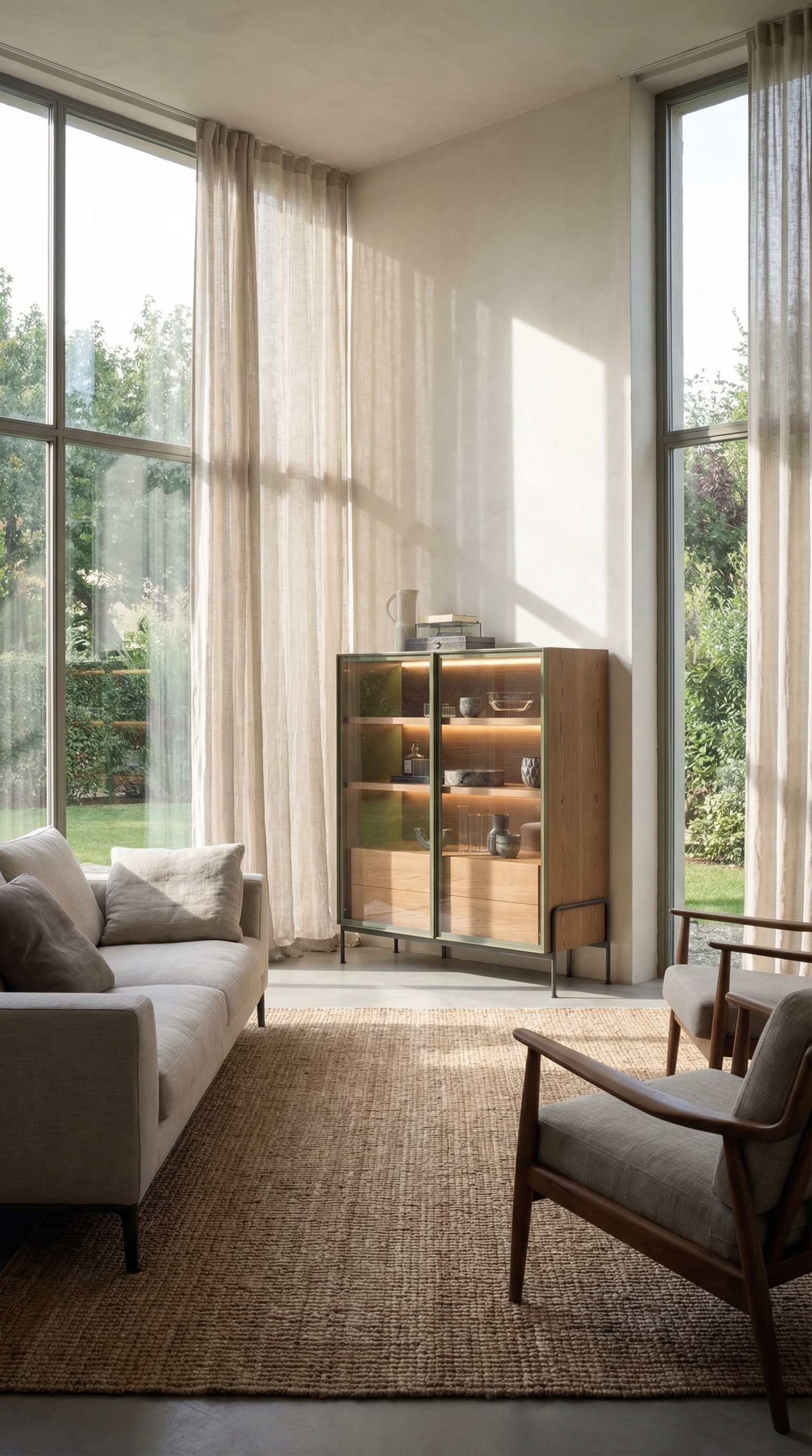 Highboard Novamobili Belt avec des détails en bois et en métal dans une ambiance de vie élégante. Highboard Novamobili Belt avec des détails en bois et en métal dans une ambiance de vie élégante.