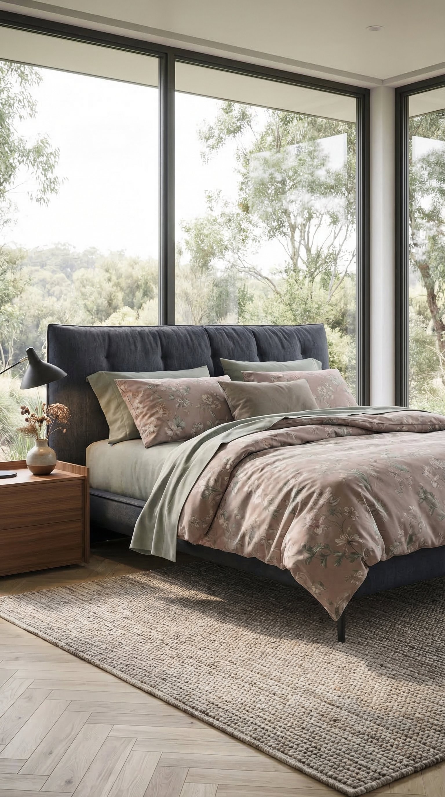 chambre-moderne-romantique-literie-motif-floral-discret