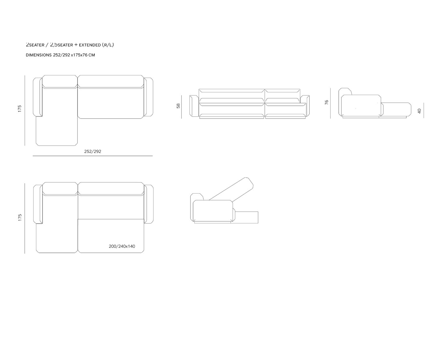 Prostoria Canapé-lit design Fade 2,5 places Dimensions de l'esquisse Prostoria Canapé-lit design Fade 2,5 places Dimensions de l'esquisse