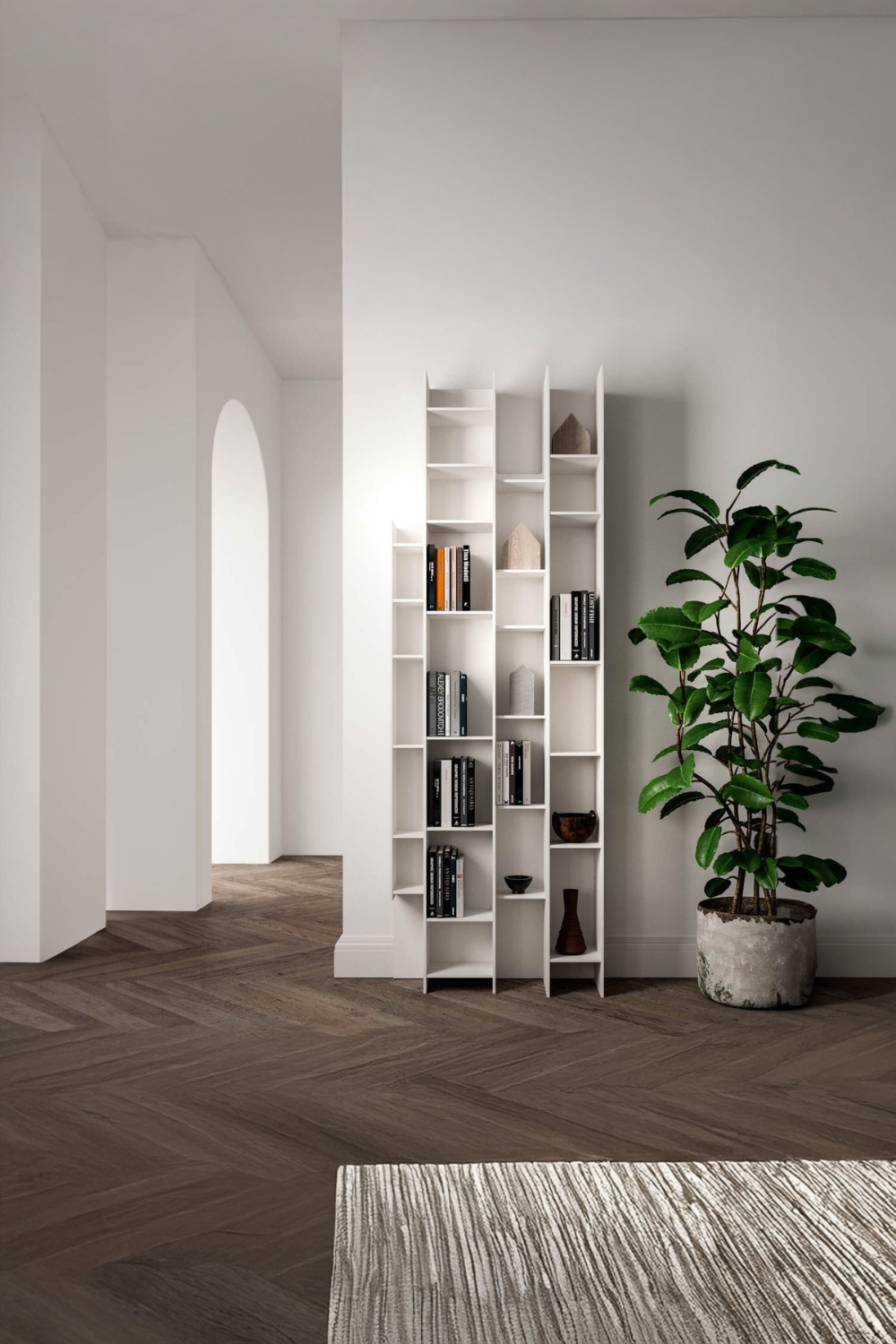 espace-minimaliste-avec-étagère-au-design-créatif-et-grande-plante-verte-en-pot
