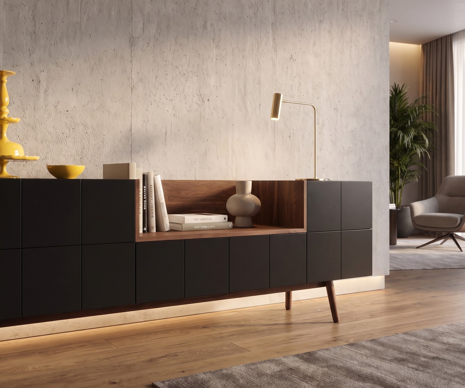 Buffet al2 MOS-I-KO 003 A dans un salon, en laque mate noire et bois au style rétro moderne avec des niches ouvertes.
