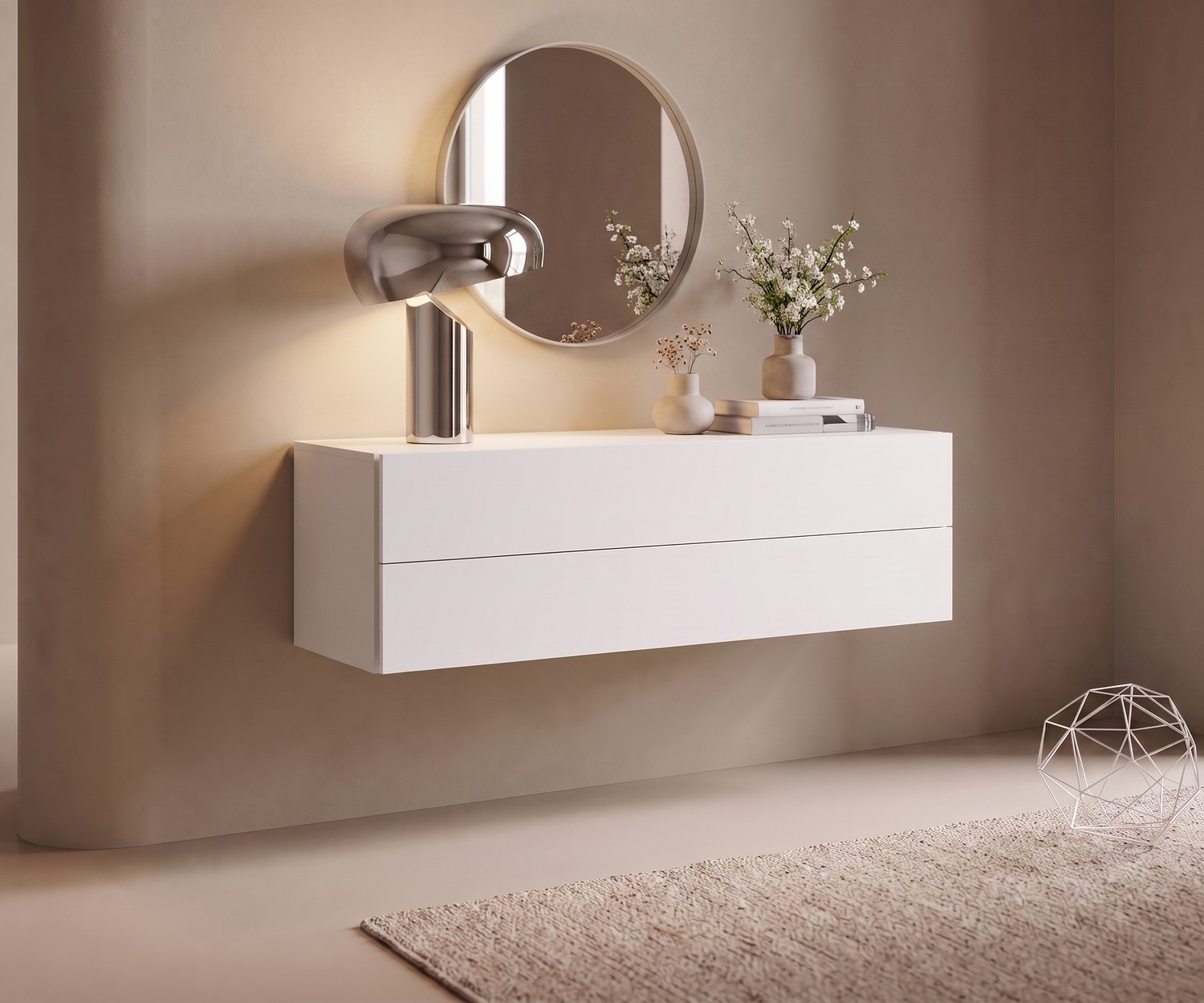 Commode suspendue Novamobili Easy à 2 tiroirs dans une entrée avec miroir rond, lampe design et déco épurée.
